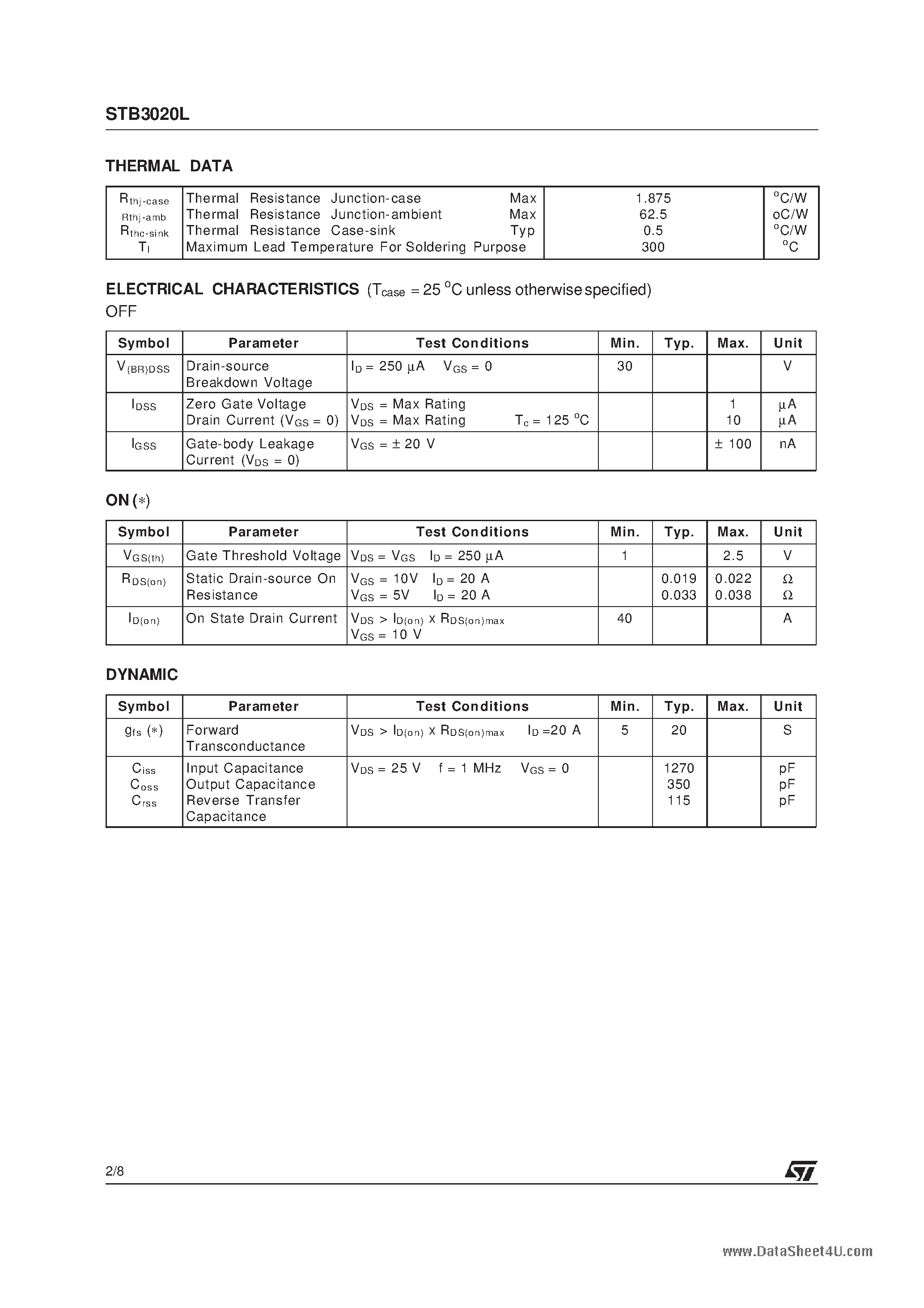 Datasheet STB3020L - N-CHANNEL Power MOSFET page 2