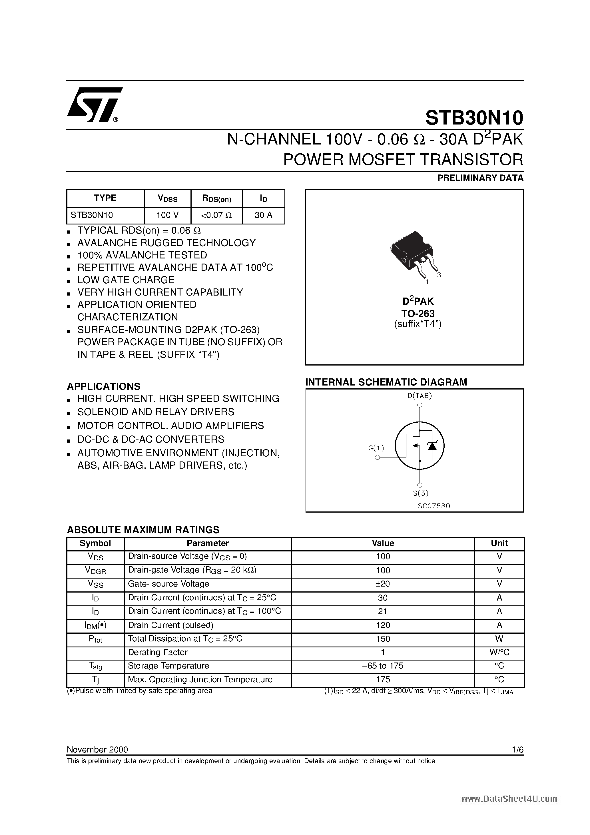 Datasheet STB30N10 - N-CHANNEL Power MOSFET page 1