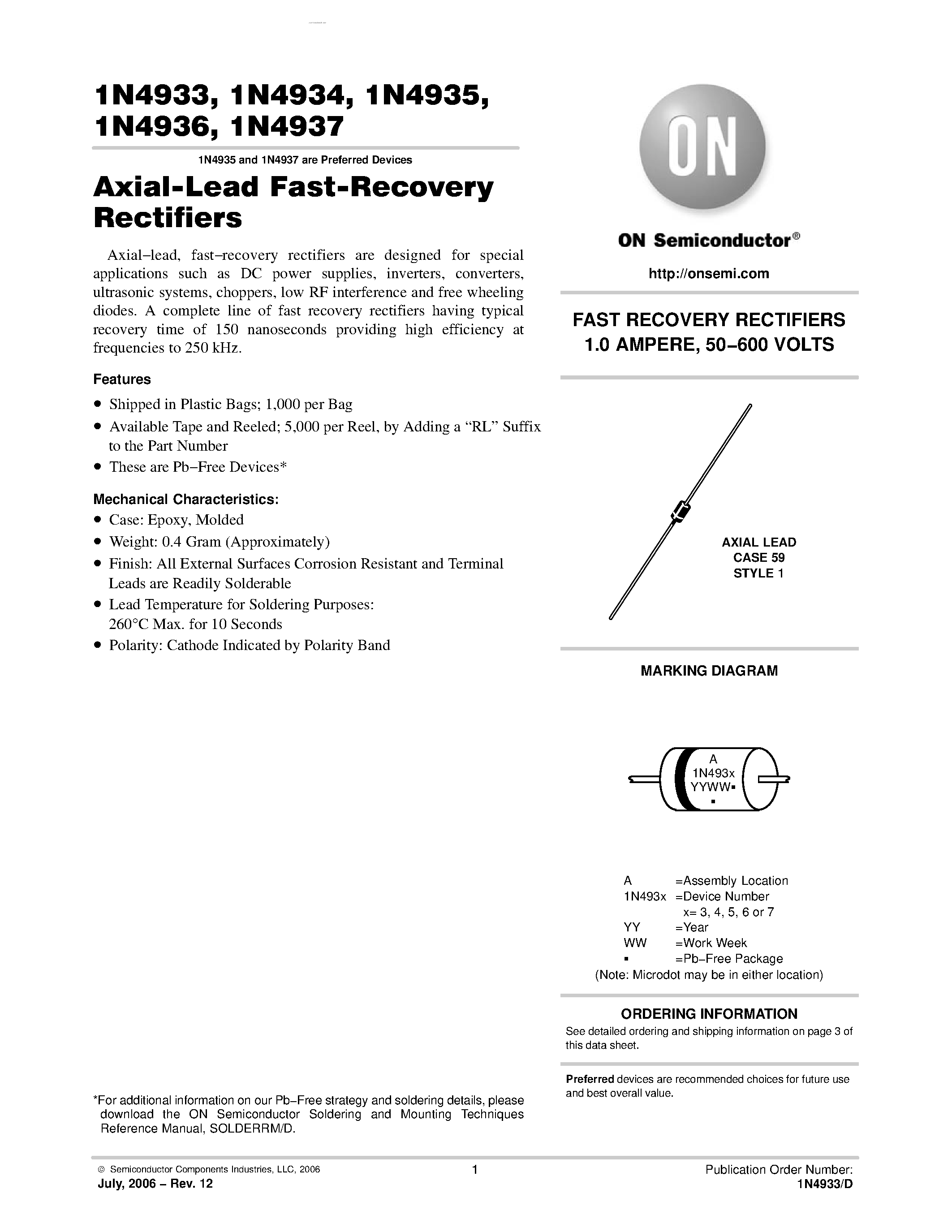 Datasheet 1N4933 - (1N4933 - 1N4937) Axial-Lead Fast-Recovery Rectifiers page 1