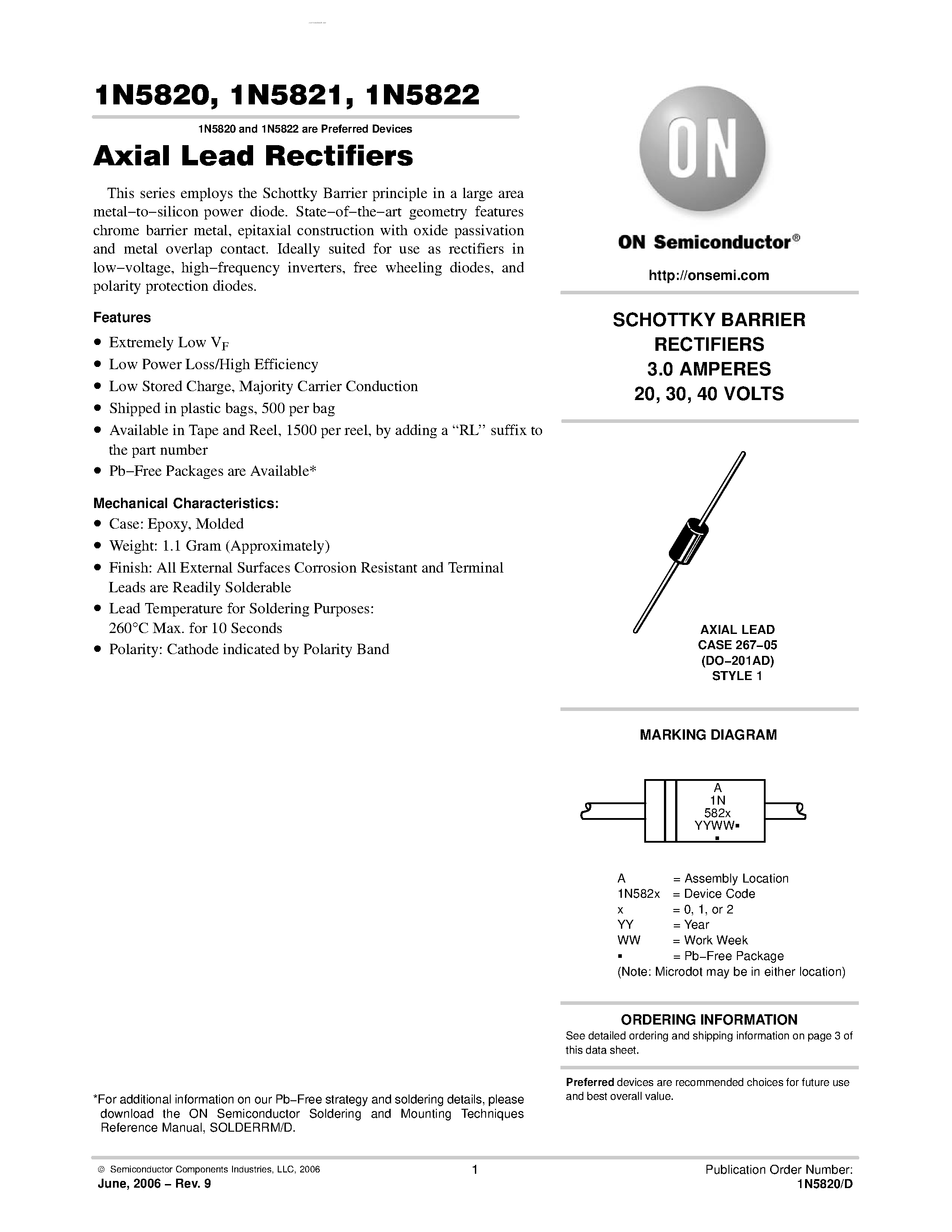 Даташит 1N5820 - (1N5820 - 1N5822) Axial Lead Rectifiers страница 1