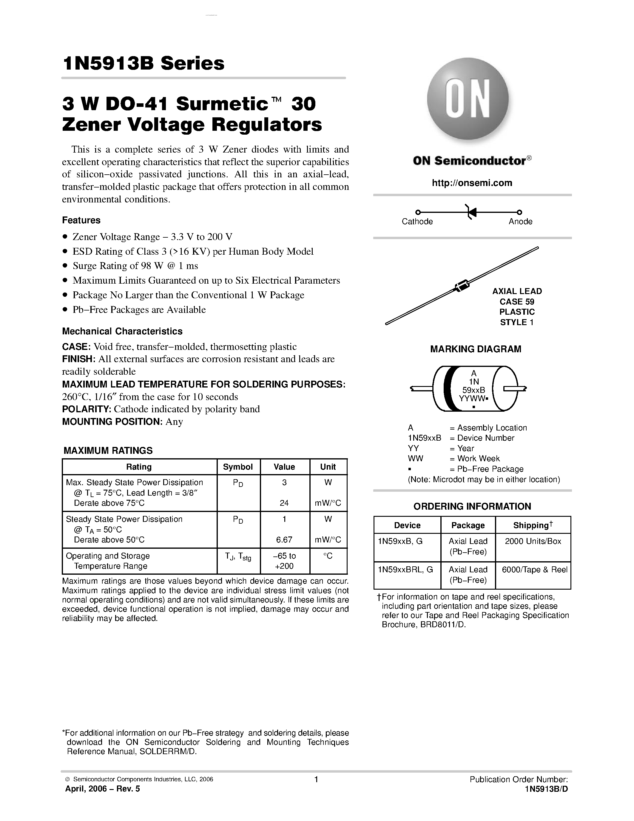 Даташит 1N5913B - (1N59xxB) 3 W DO-41 Surmetic TM 30 Zener Voltage Regulators страница 1