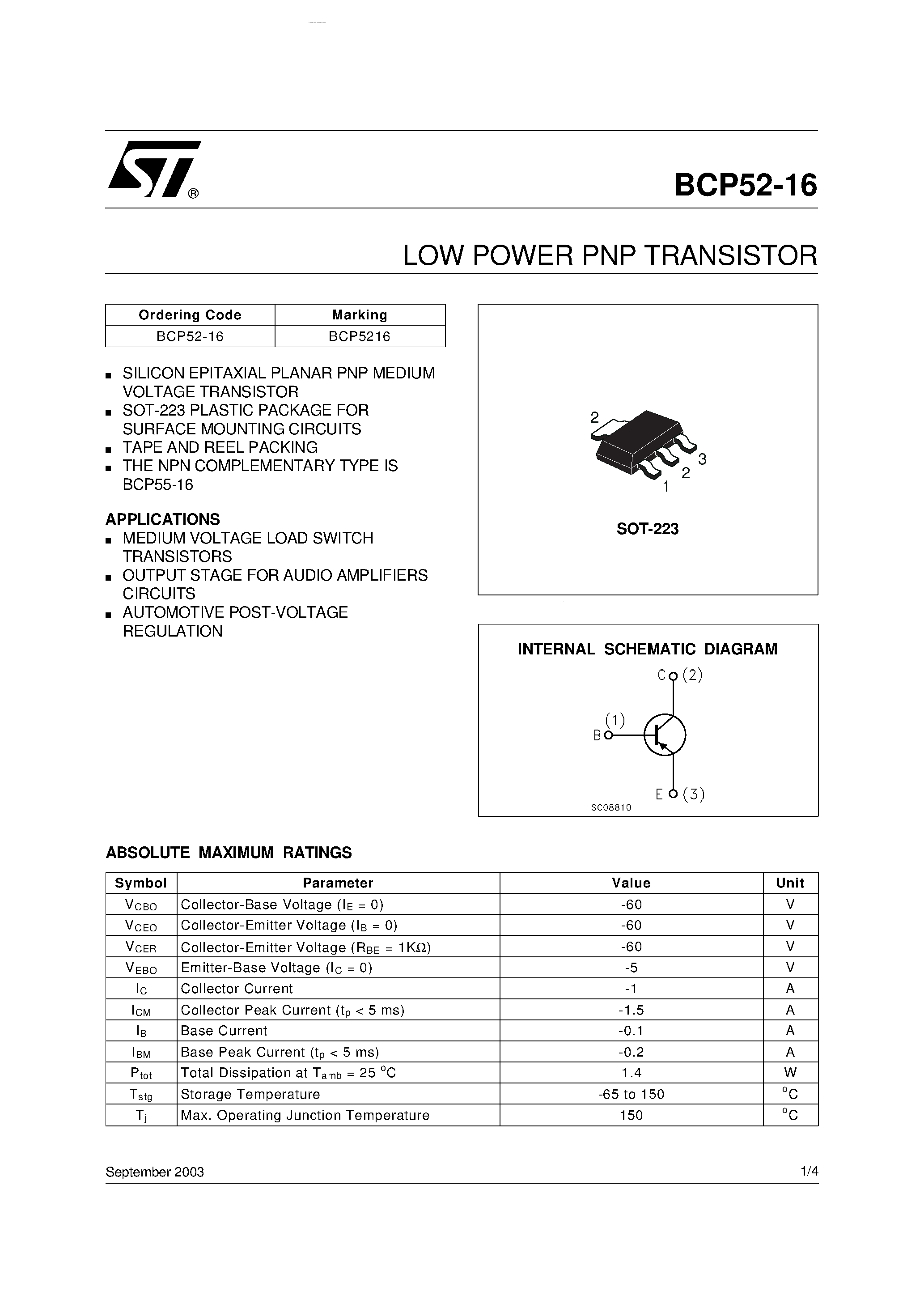 Даташит BCP52-16 - LOW POWER PNP TRANSISTOR страница 1