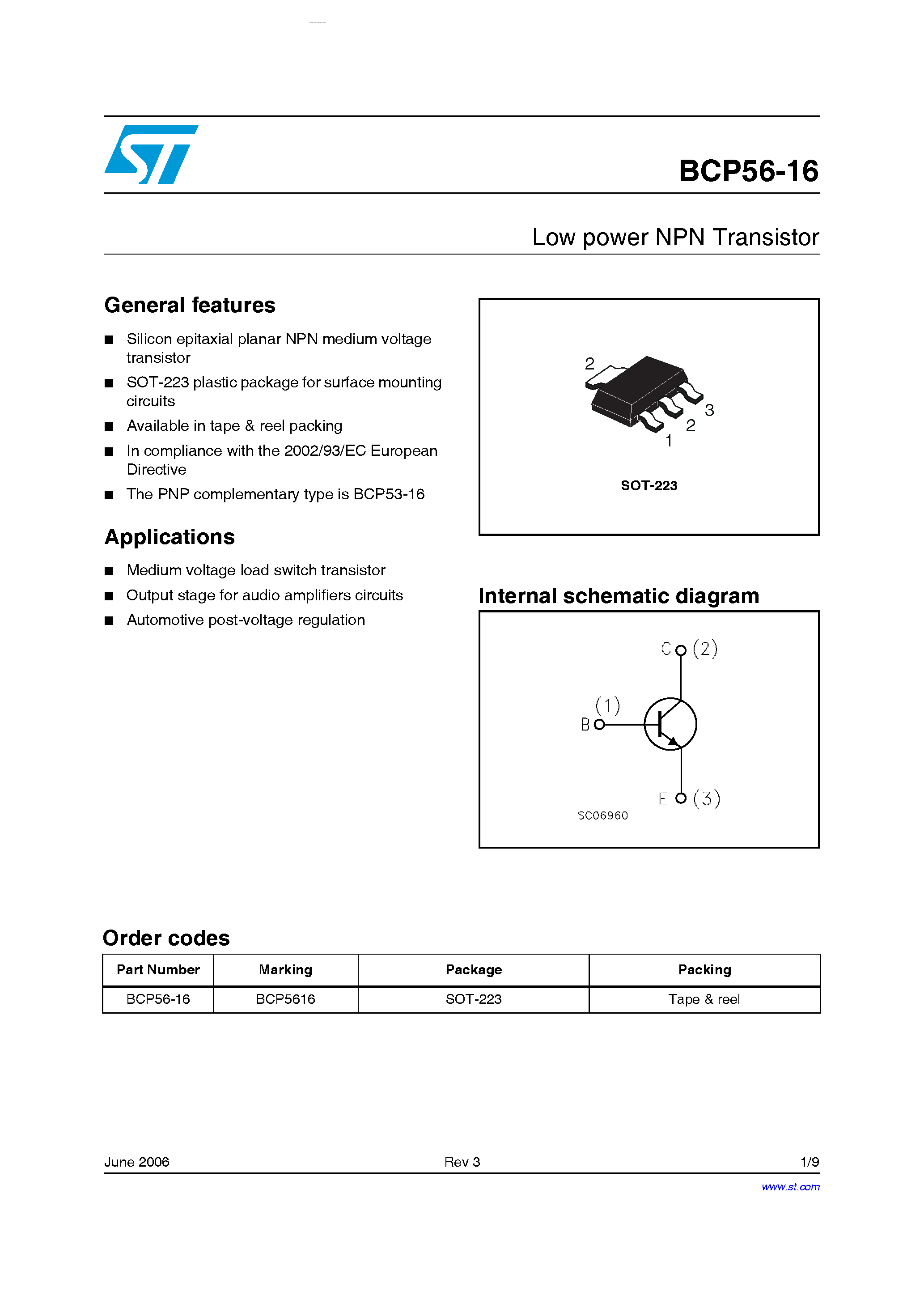 Даташит BCP56-16 - Low power NPN Transistor страница 1