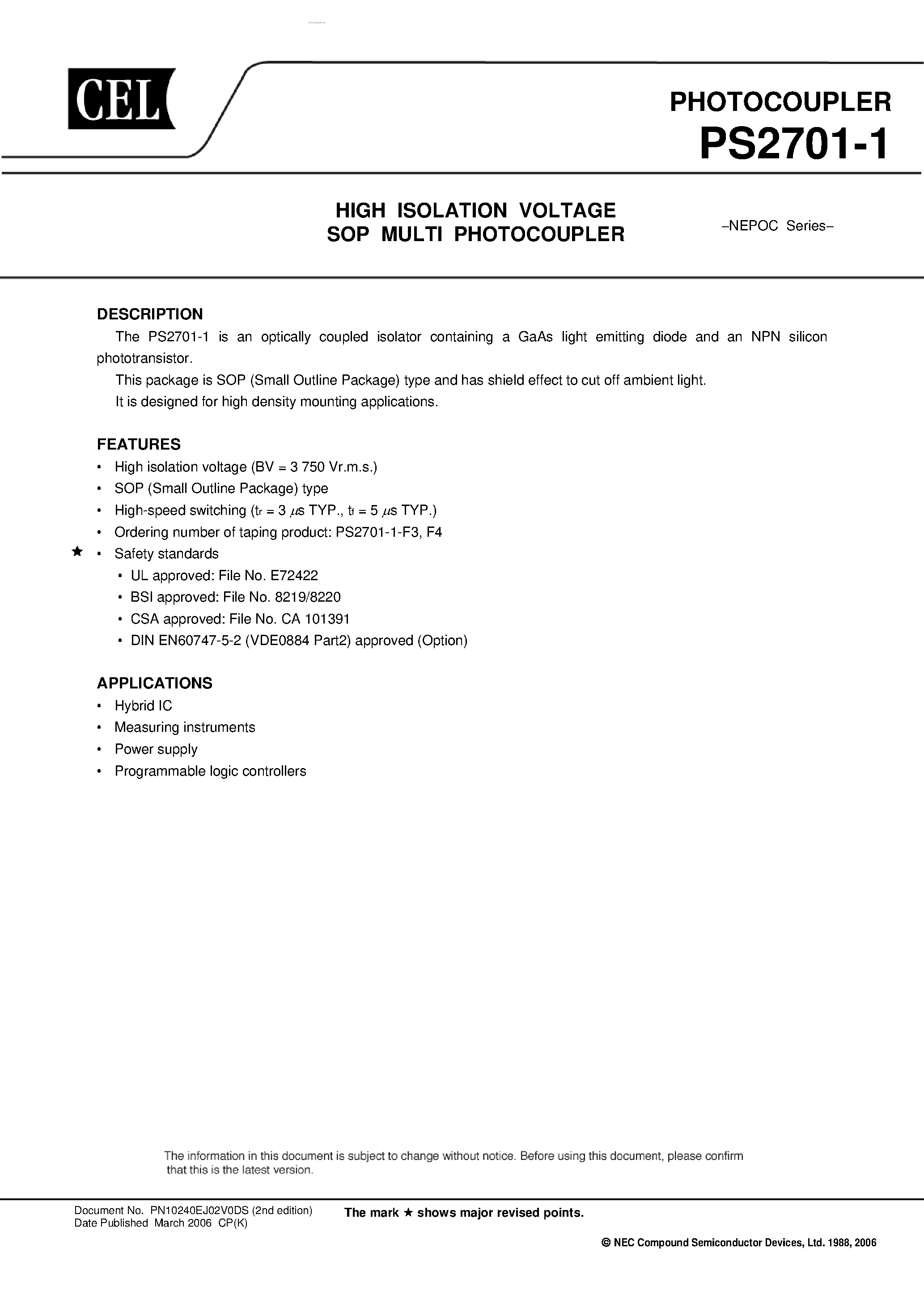 Datasheet PS2701-1 - HIGH ISOLATION VOLTAGE SOP MULTI PHOTOCOUPLER page 1