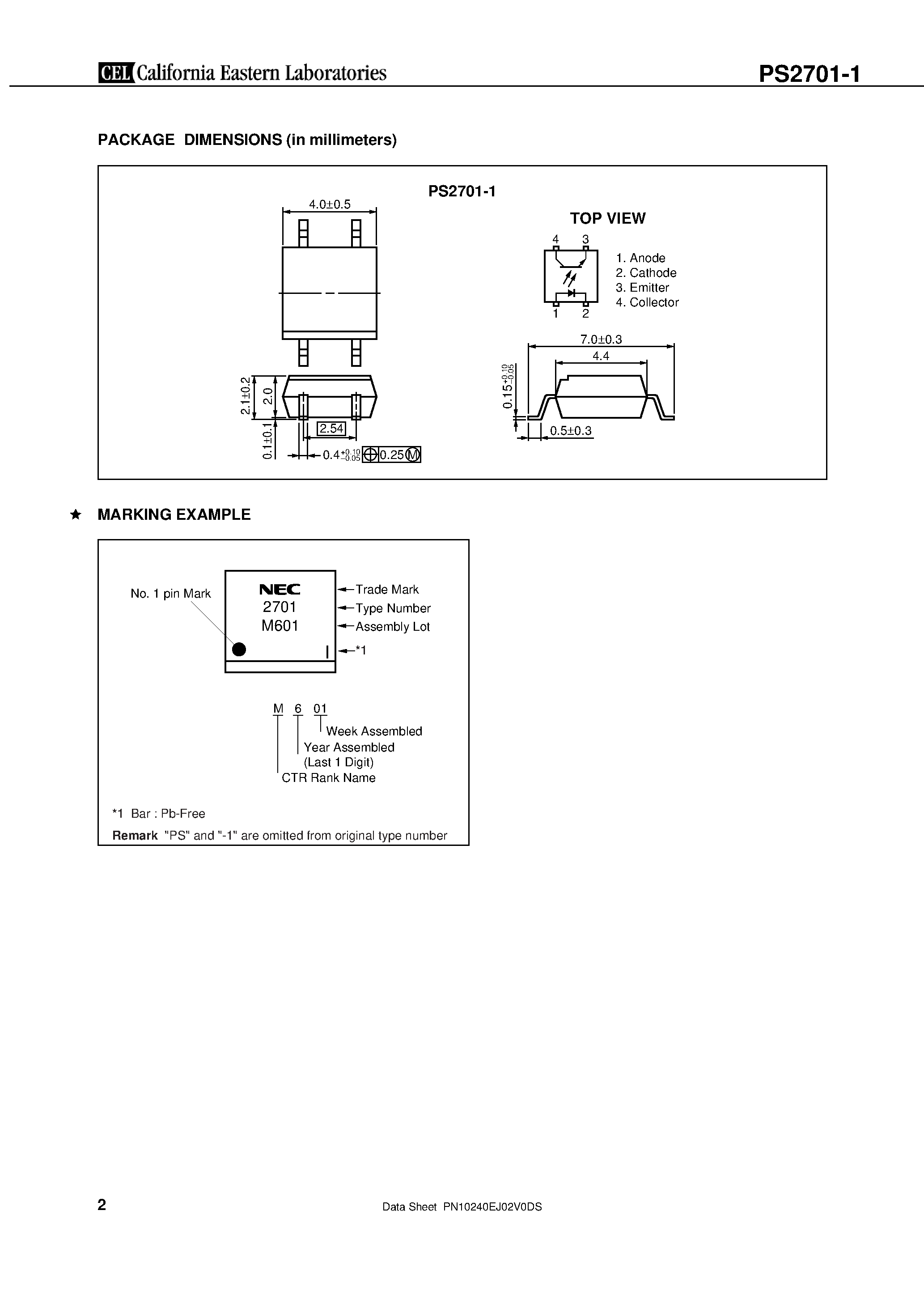 Datasheet PS2701-1 - HIGH ISOLATION VOLTAGE SOP MULTI PHOTOCOUPLER page 2