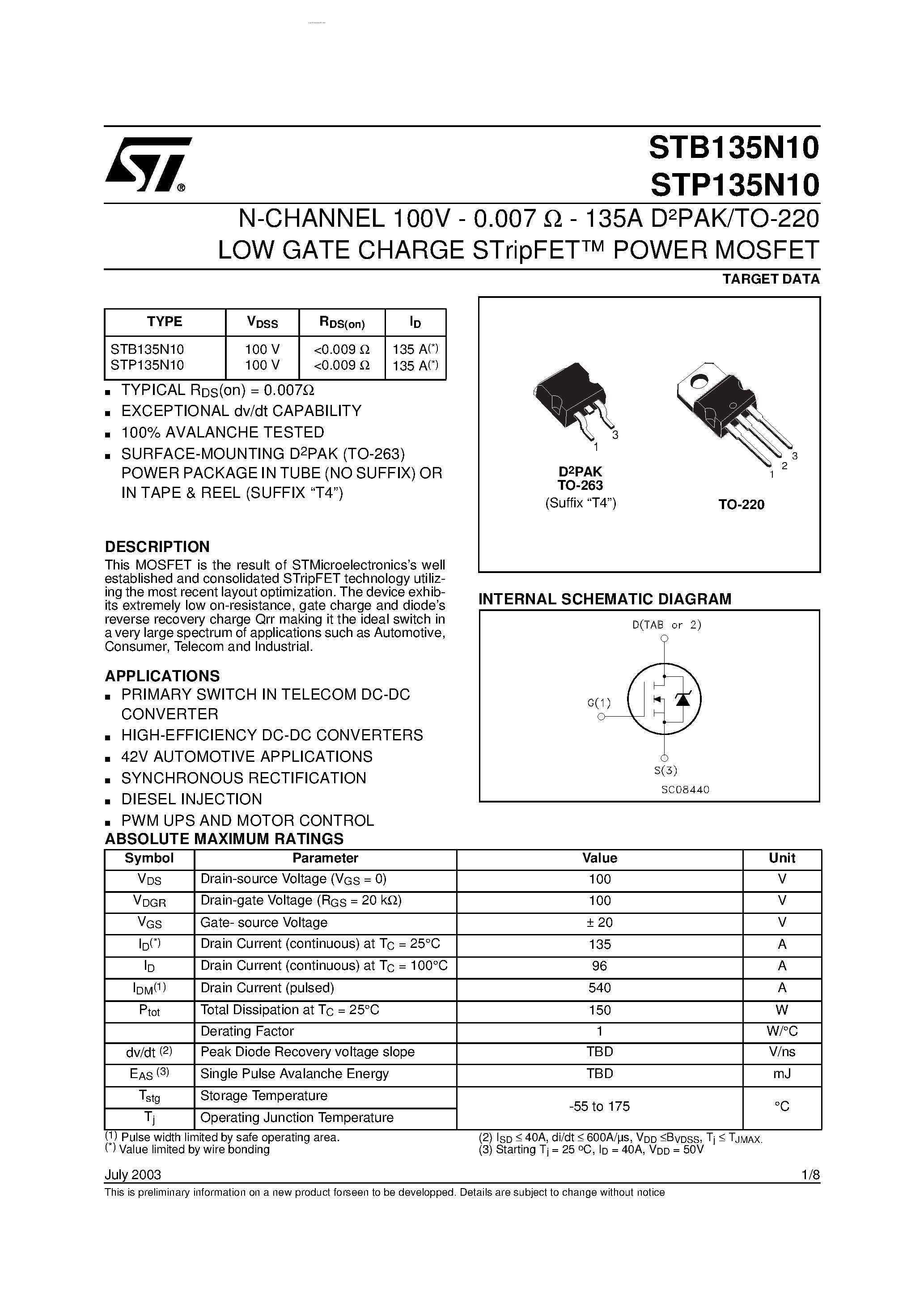 Datasheet STB135N10 - N-channel Power MOSFET page 1