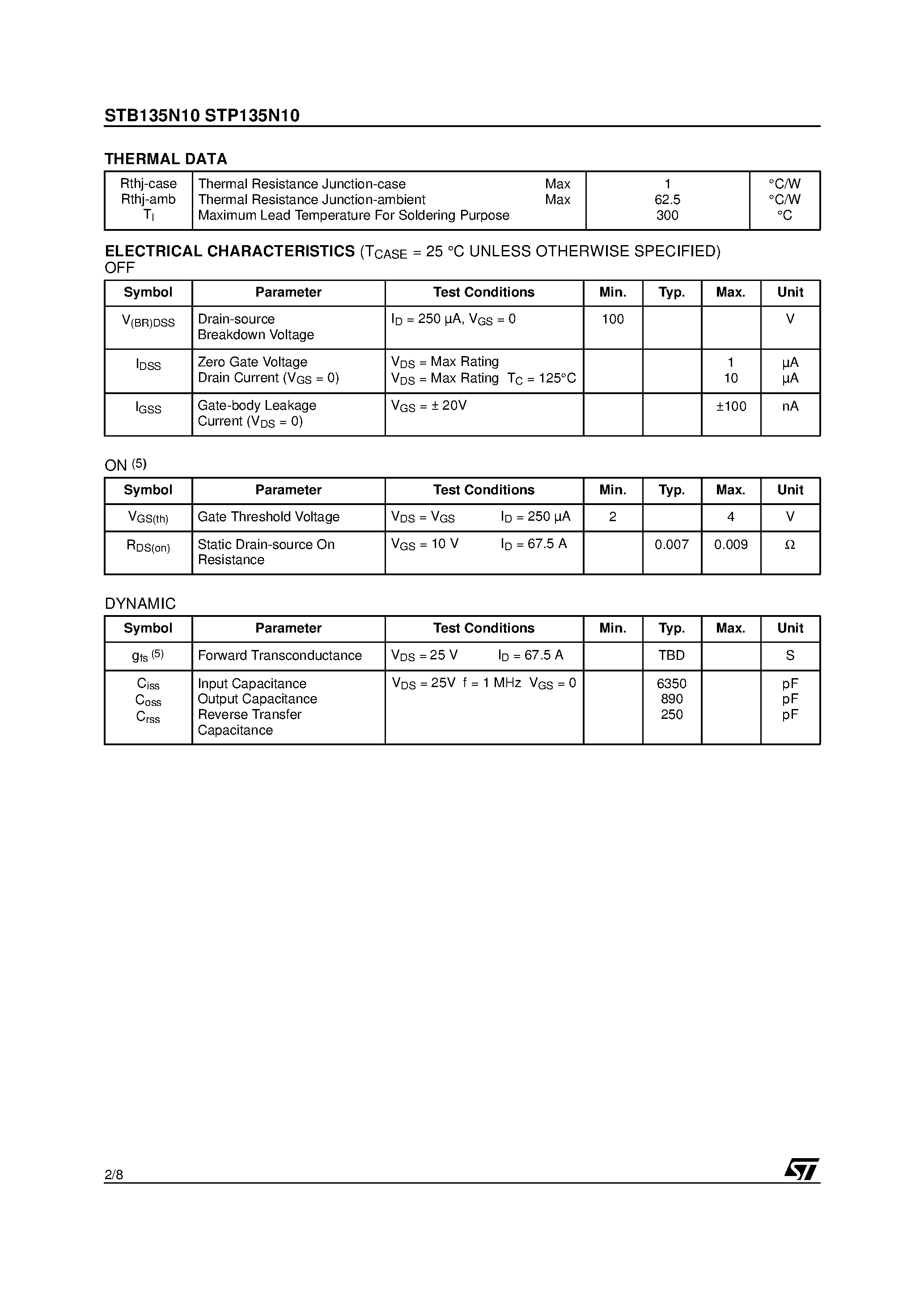 Datasheet STB135N10 - N-channel Power MOSFET page 2