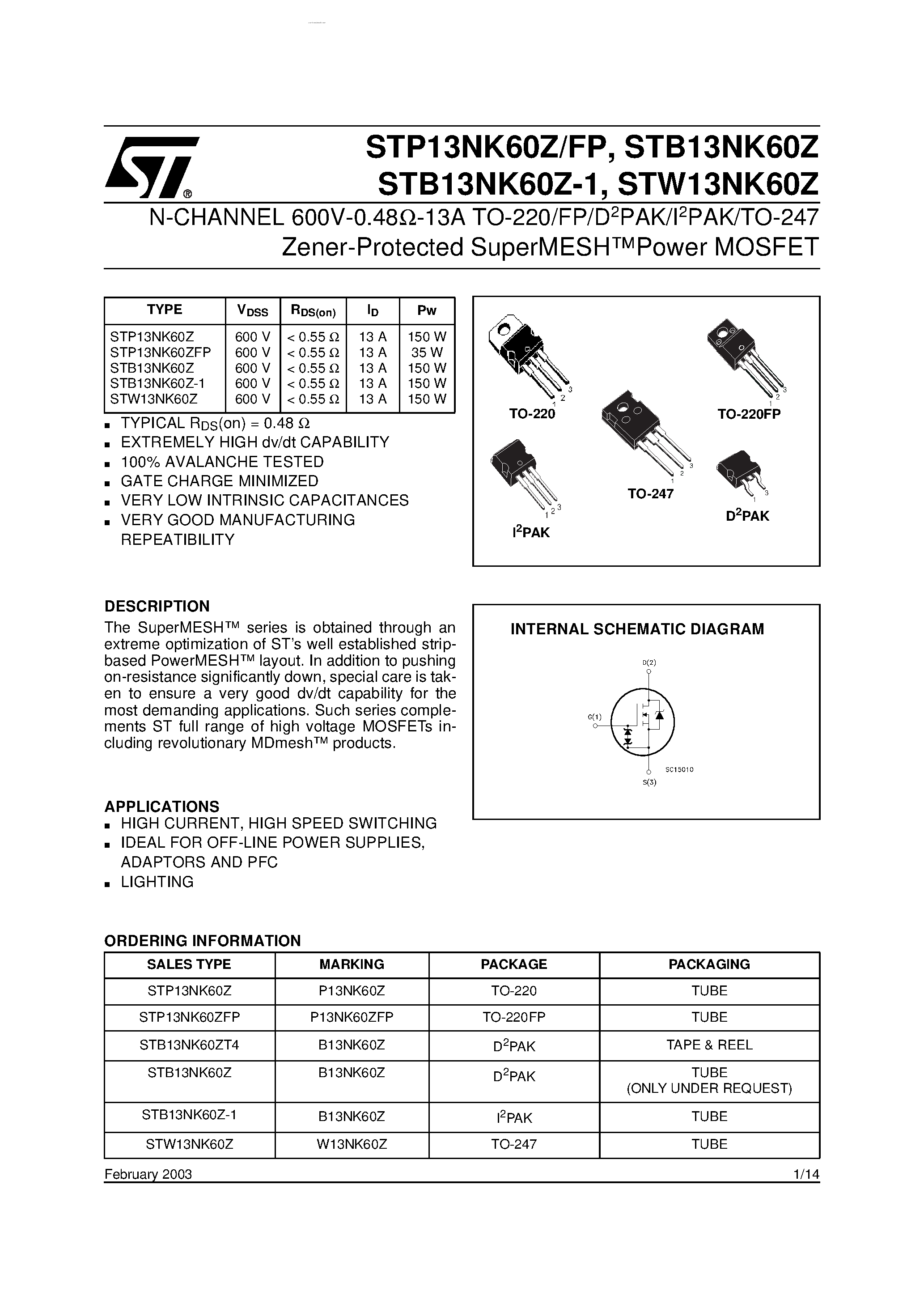 Datasheet STB13NK60Z - N-channel Power MOSFET page 1