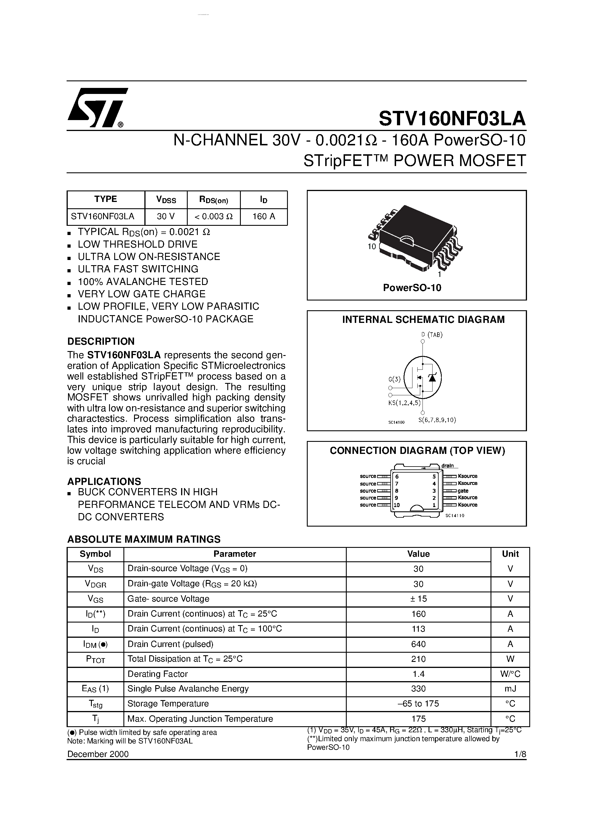 Datasheet STV160NF03LA page 1 Datasheet STV160NF03LA - N-channel Power MOSFET page 1