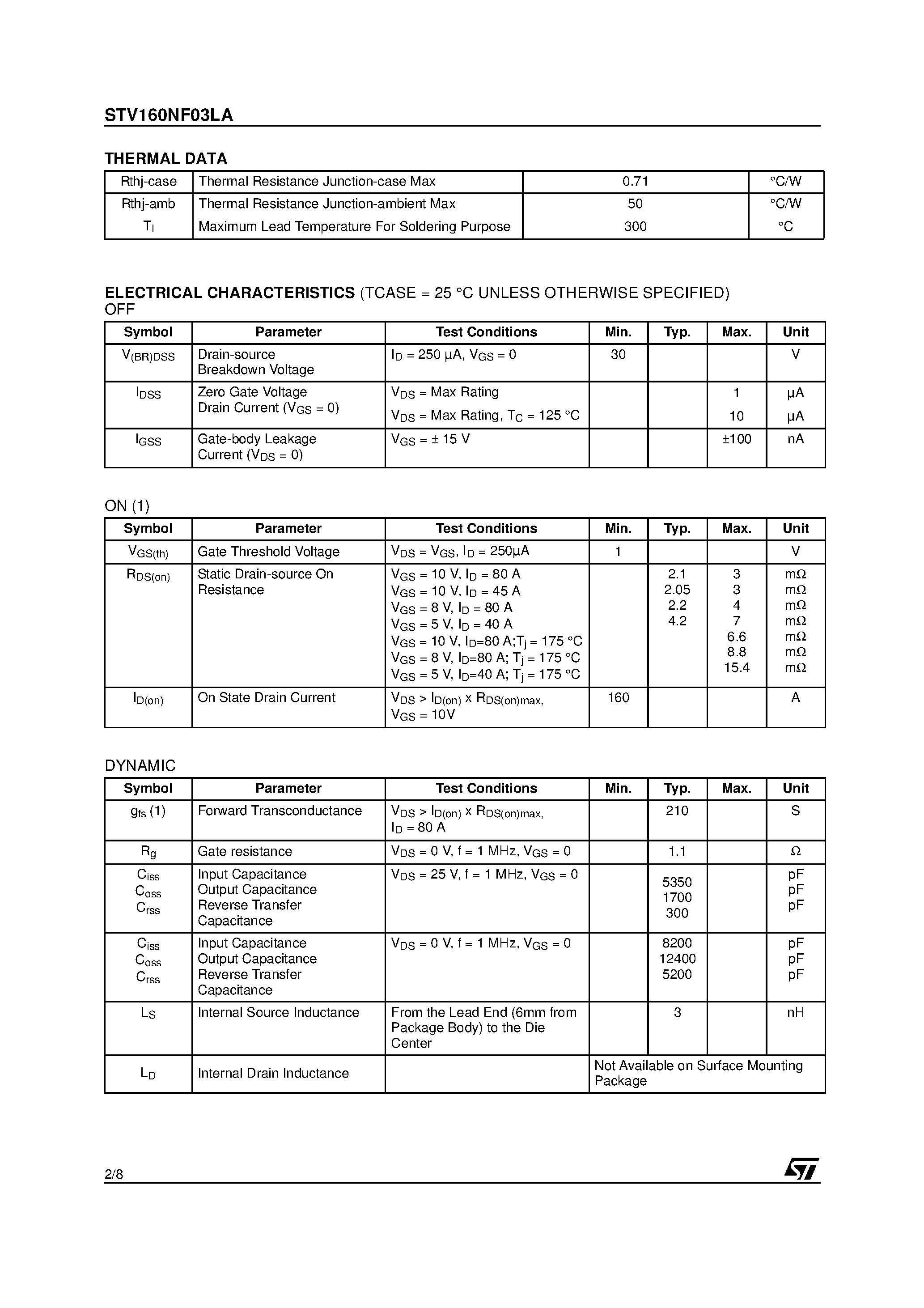 Datasheet STV160NF03LA page 2 Datasheet STV160NF03LA - N-channel Power MOSFET page 2