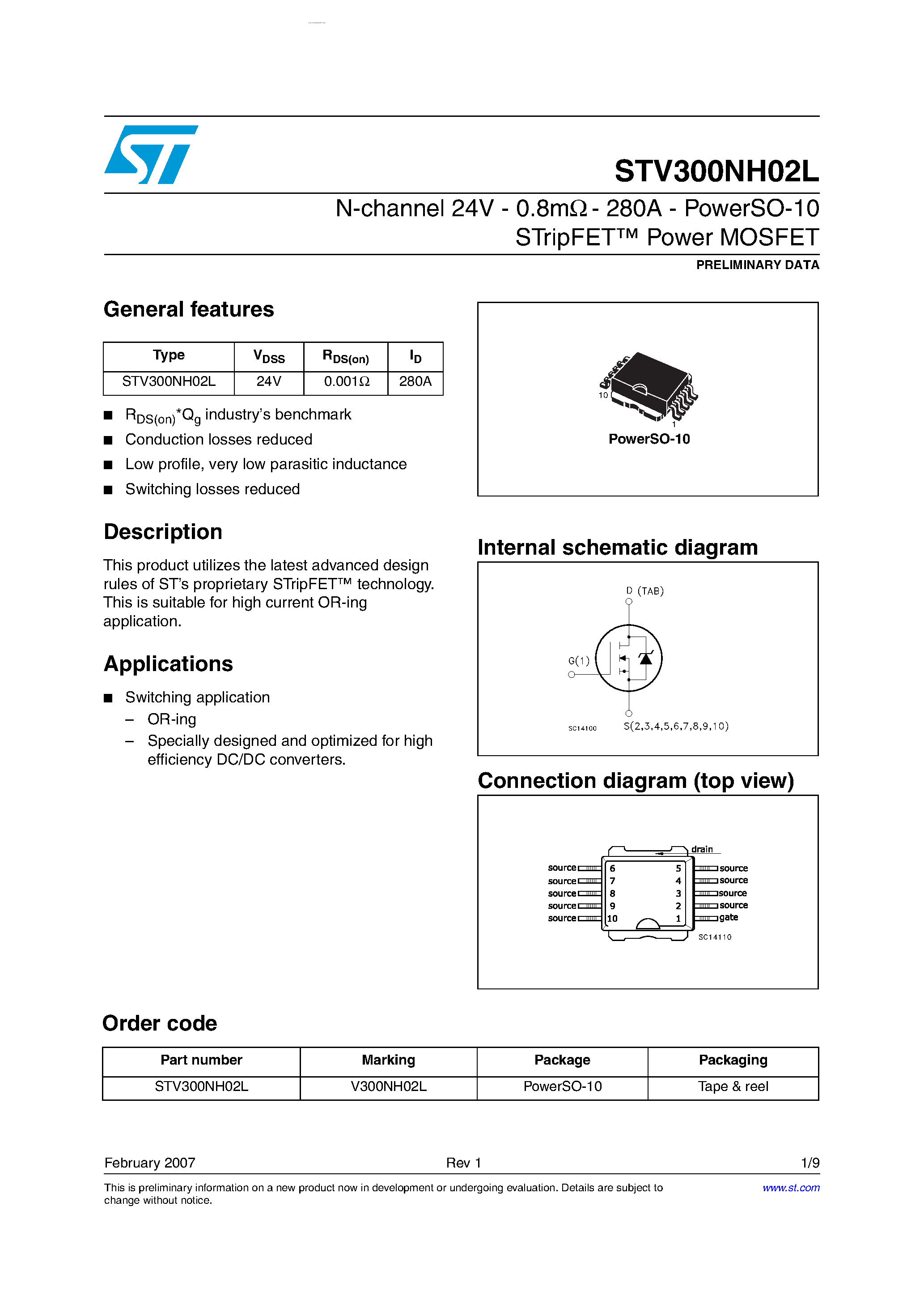 Datasheet STV300NH02L page 1 Datasheet STV300NH02L - N-channel Power MOSFET page 1