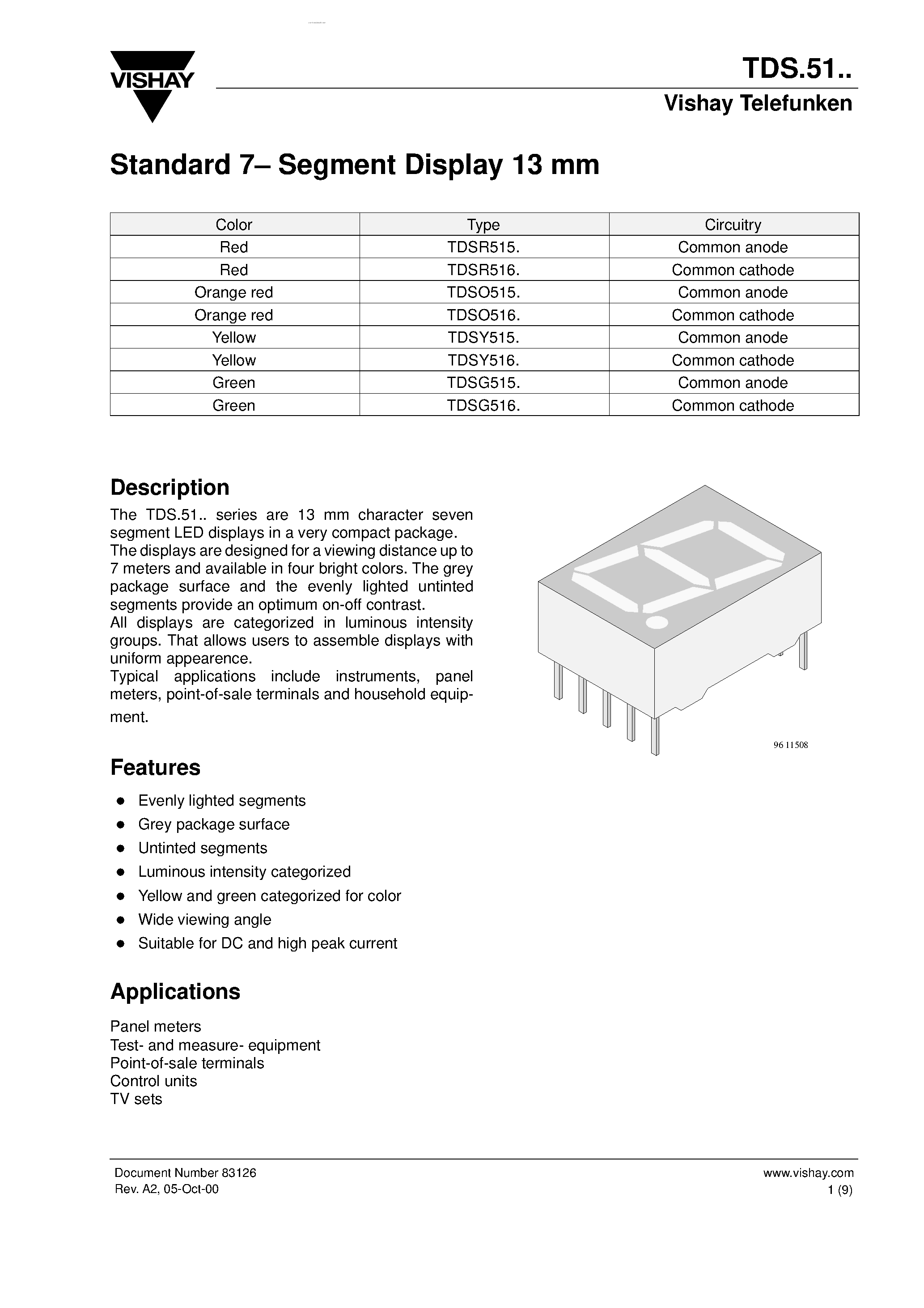 Даташит на микросхему TDS.51 страница 1 Даташит TDS.51 - Standard 7- Segment Display 13 mm страница 1