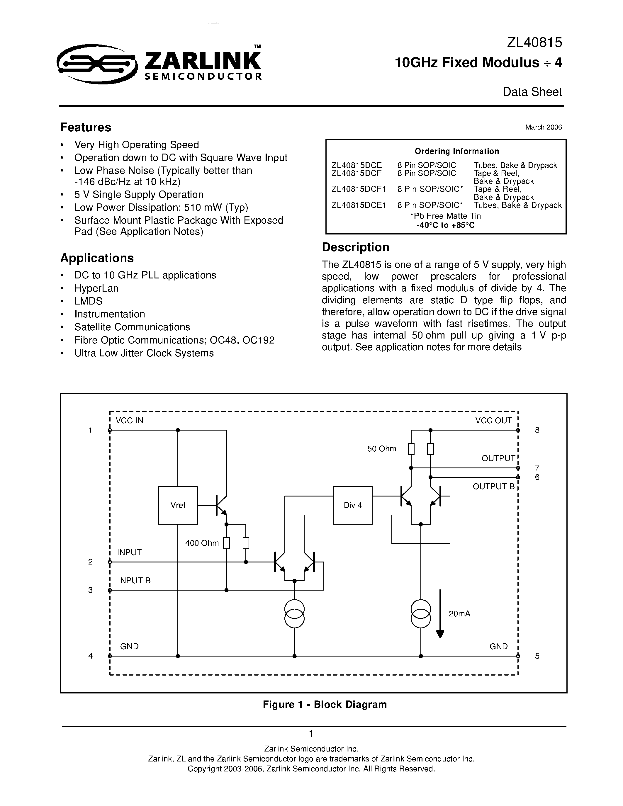 Datasheet ZL40815 - 10GHz Fixed Modulus DIVIDE 4 page 1