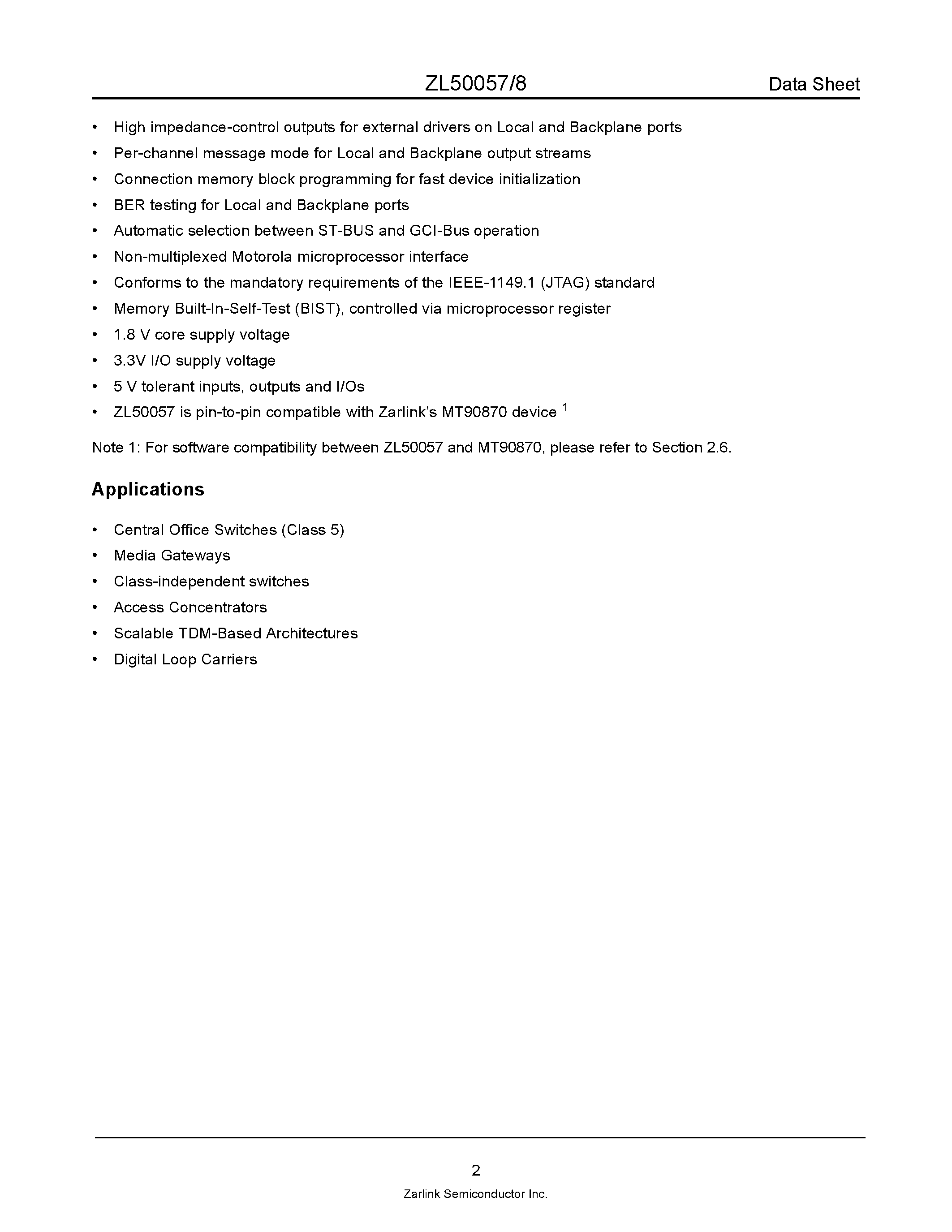 Datasheet ZL50057 - (ZL50057 / ZL50058) 12 K-Channel Digital Switch page 2
