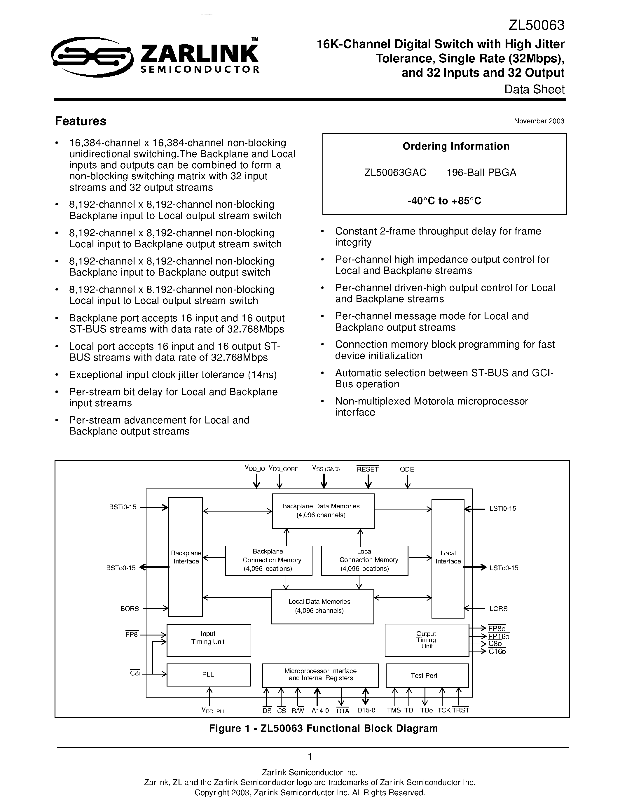 Datasheet ZL50063 page 1 Datasheet ZL50063 - 16K-Channel Digital Switch page 1