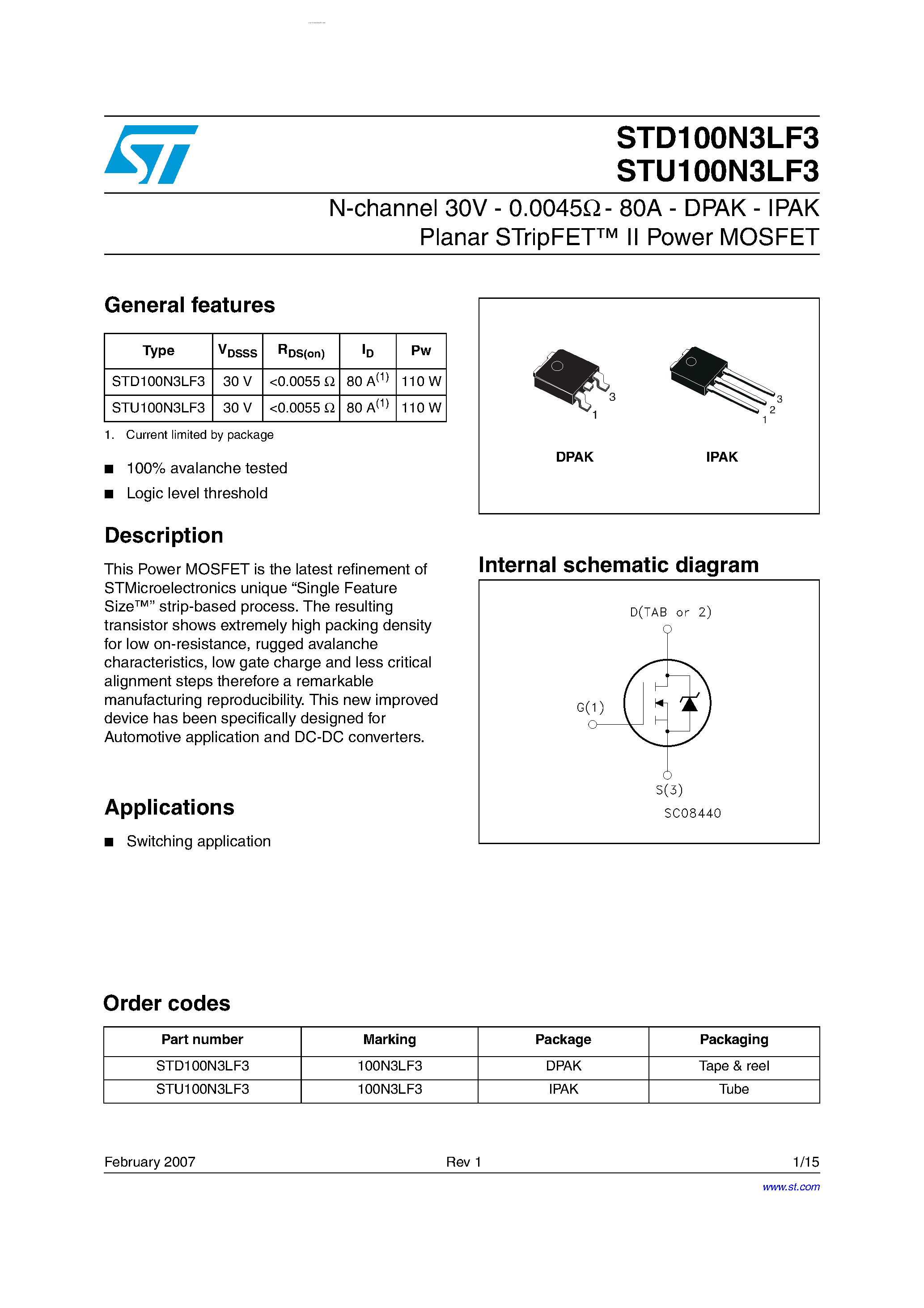 Даташит на микросхему STD100N3LF3 страница 1 Даташит STD100N3LF3 - N-channel Power MOSFET страница 1