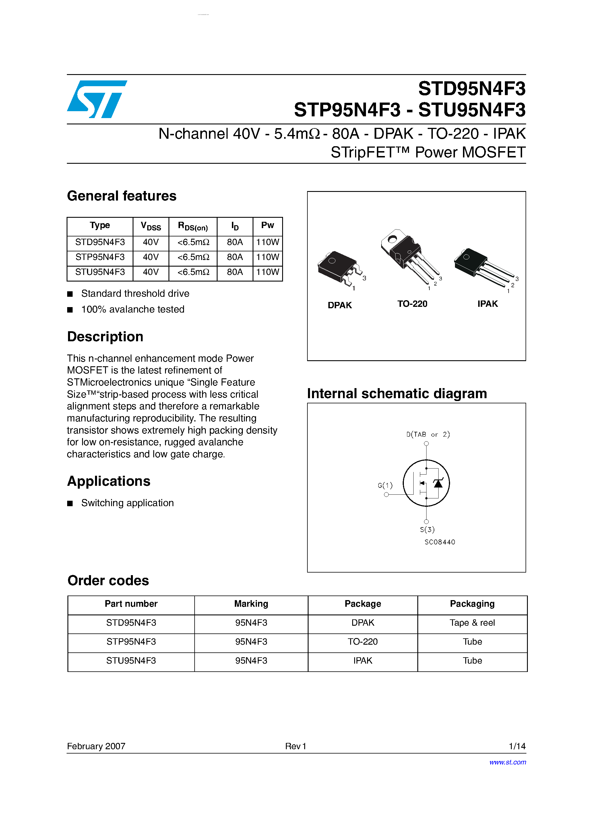 Datasheet STU95N4F3 page 1 Datasheet STU95N4F3 - N-channel Power MOSFET page 1