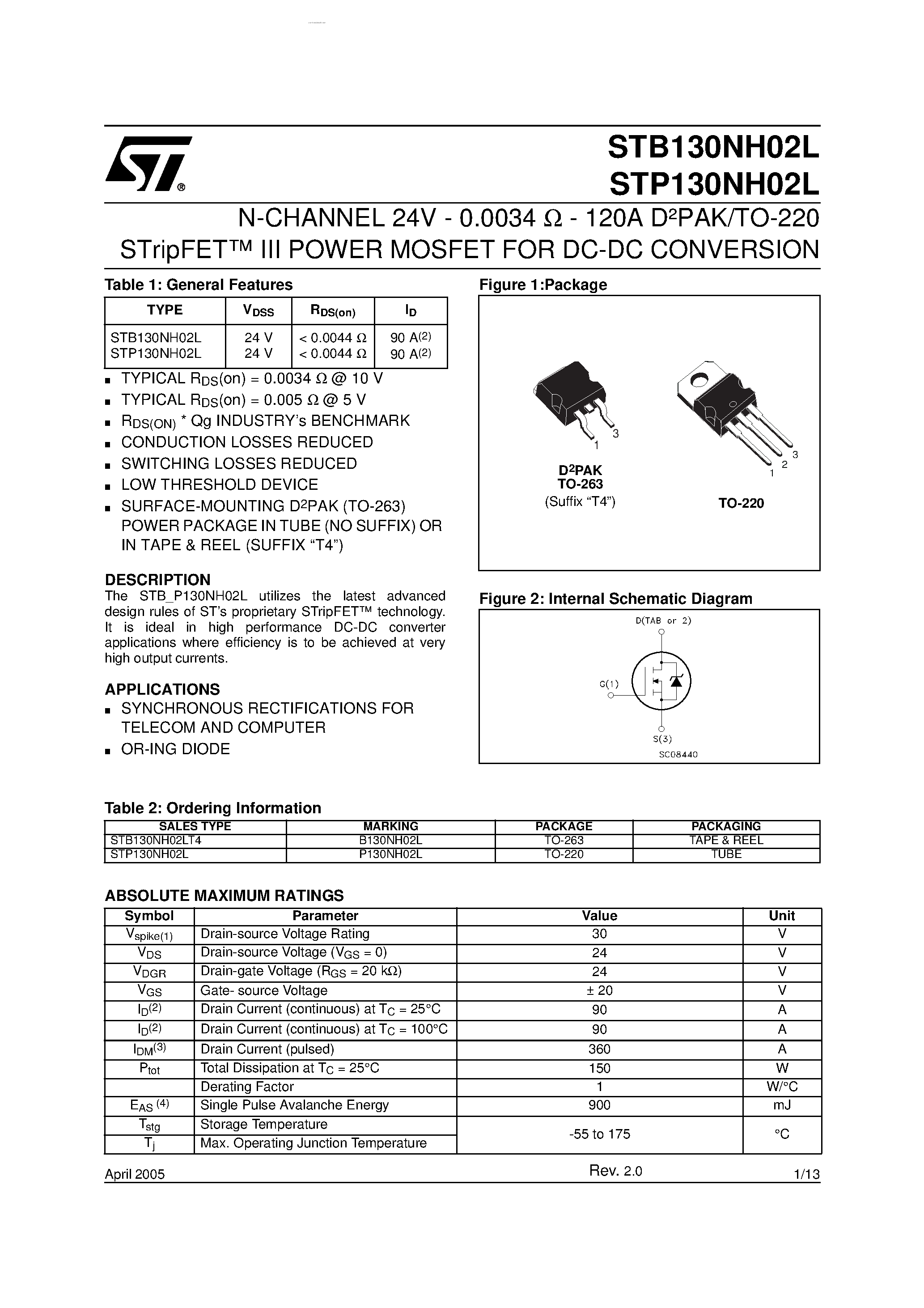 Datasheet STP130NH02L page 1 Datasheet STP130NH02L - N-channel Power MOSFET page 1