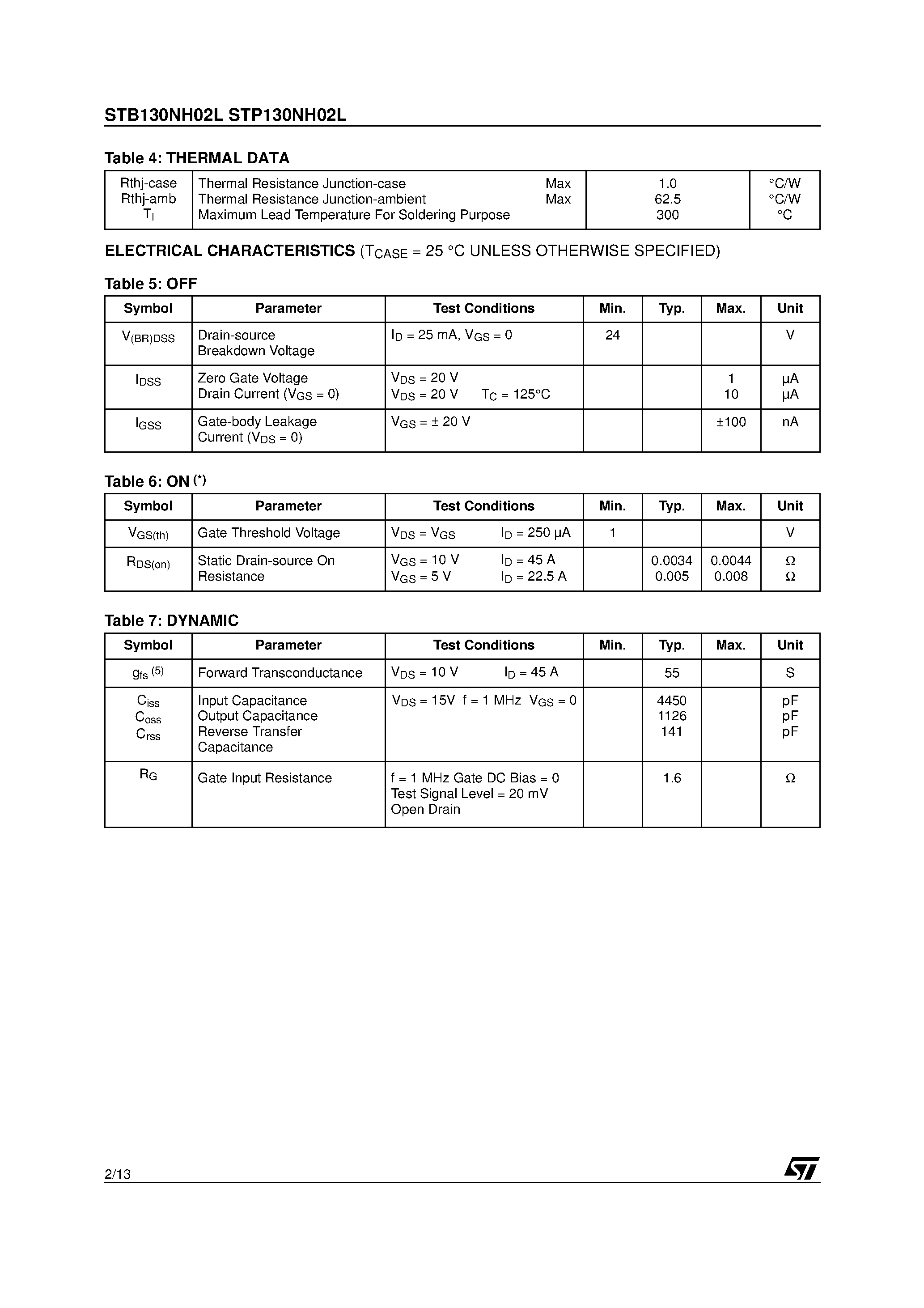 Datasheet STB130NH02L - N-channel Power MOSFET page 2