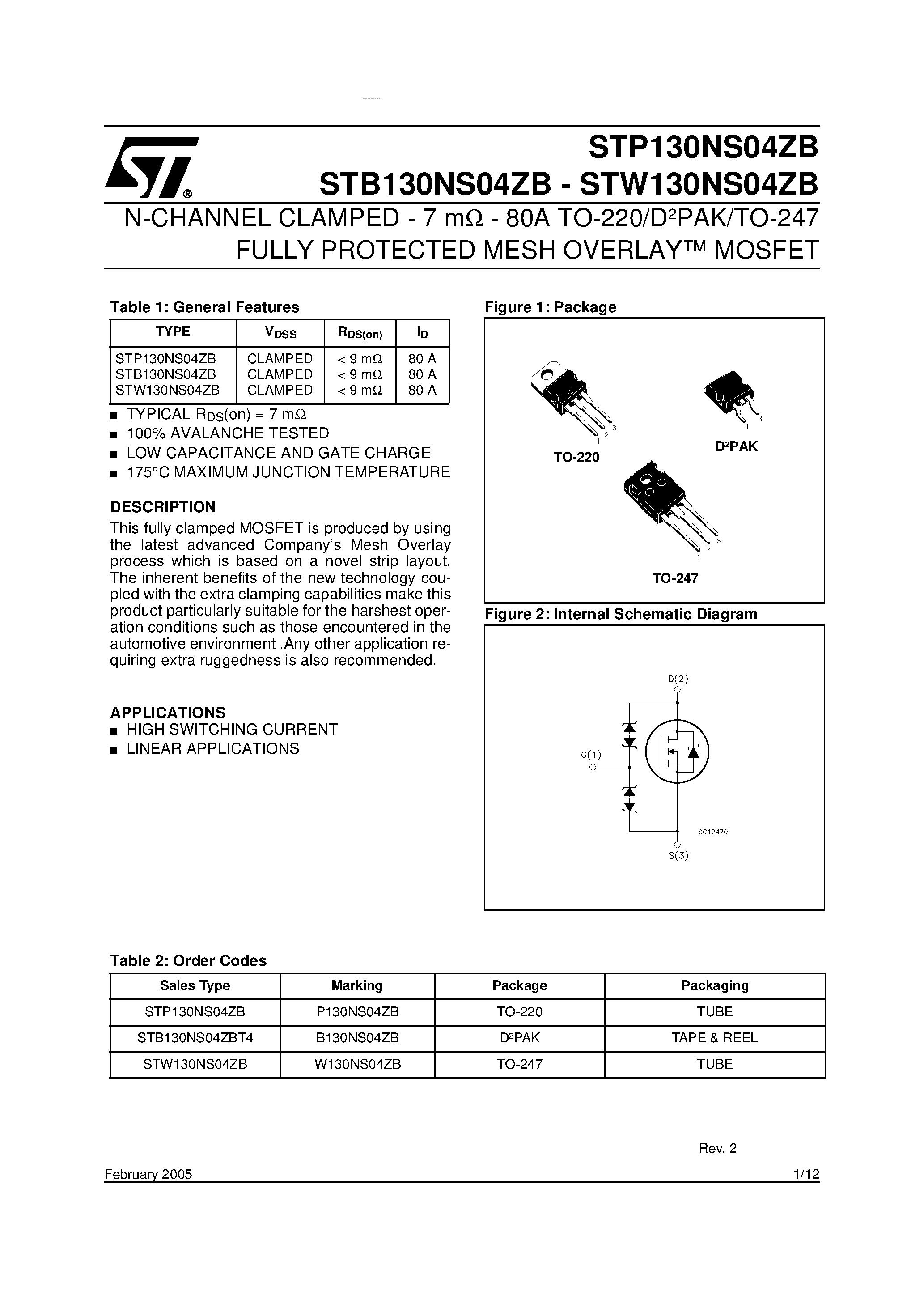 Datasheet STP130NS04ZB page 1 Datasheet STP130NS04ZB - N-channel Power MOSFET page 1