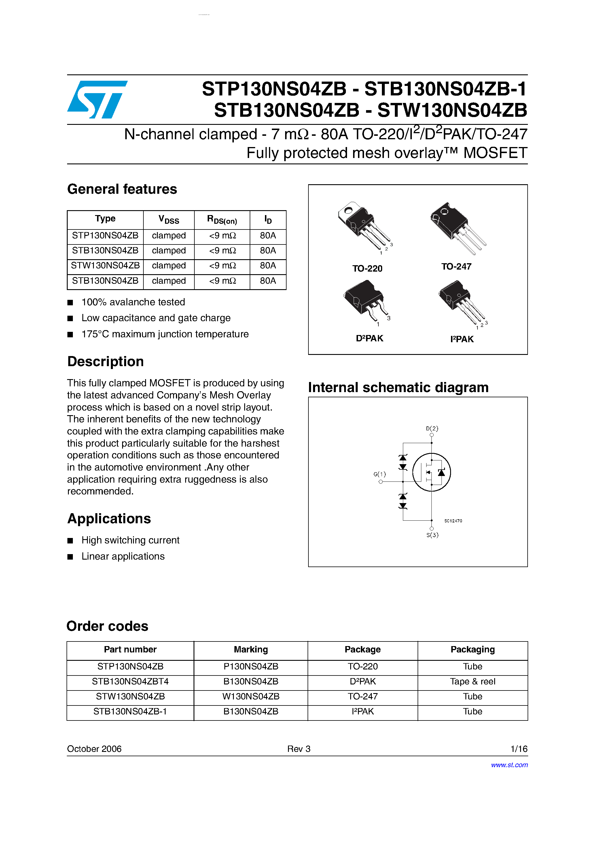 Datasheet STB130NS04ZB-1 - N-channel Power MOSFET page 1