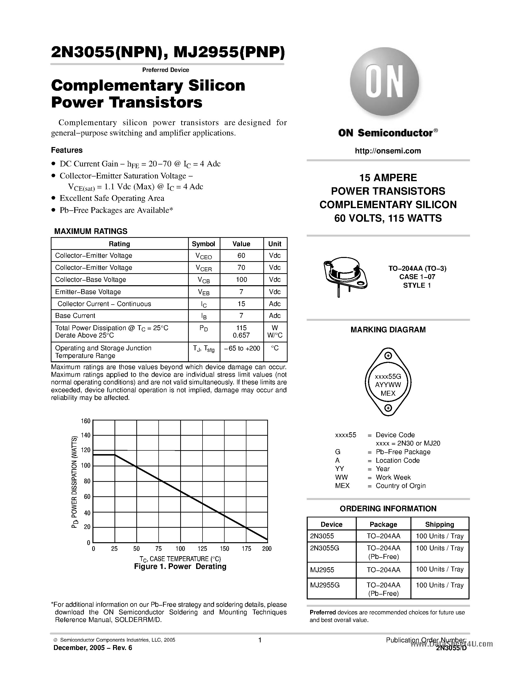 Даташит на микросхему MJ2955 страница 1 Даташит MJ2955 - Complementary Silicon Power Transistors страница 1