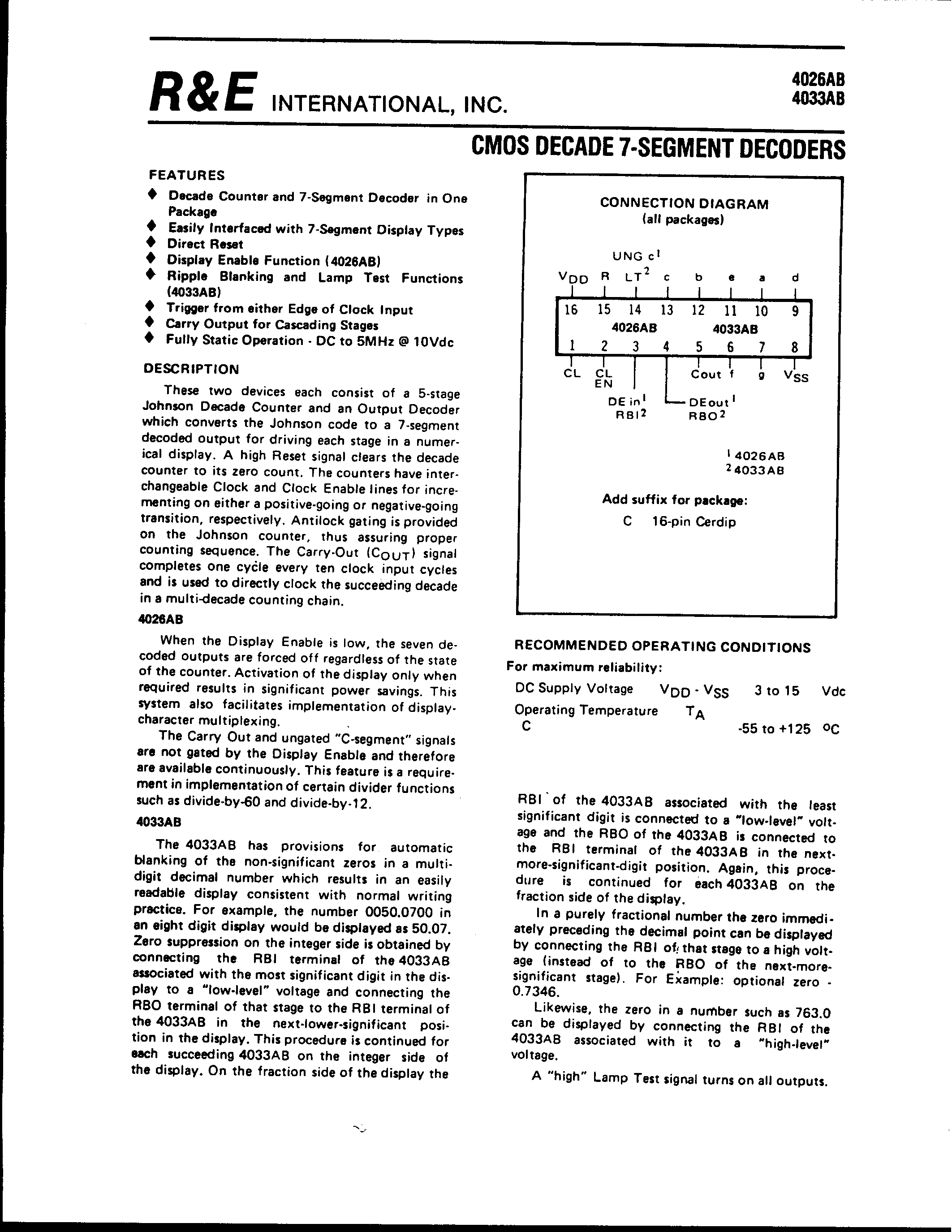 Datasheet 4033AB page 1 Datasheet 4033AB - CMOS DECADE 7-SEGMENT DECODERS page 1