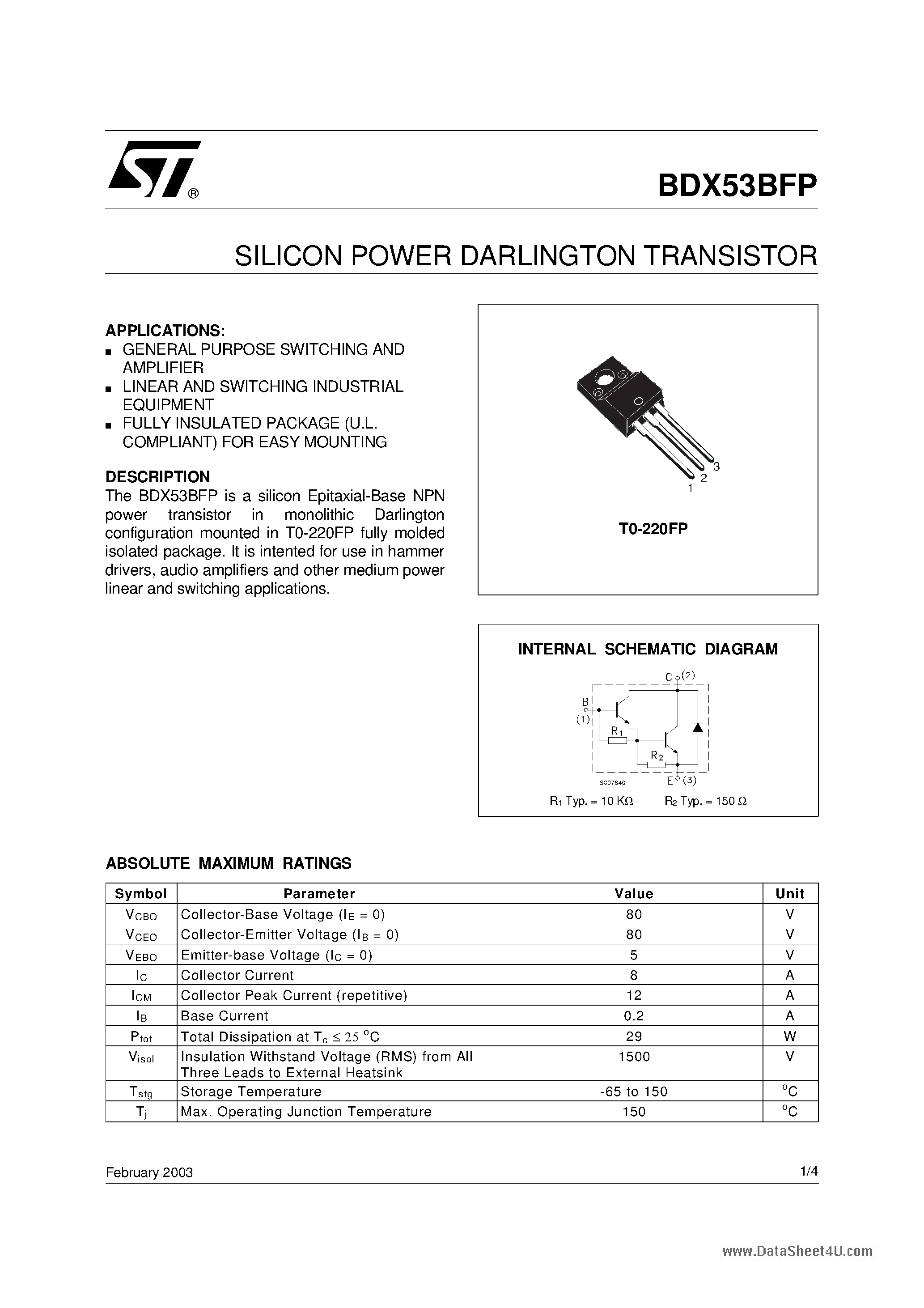 Datasheet BDX53BFP - SILICON POWER DARLINGTON TRANSISTOR page 1