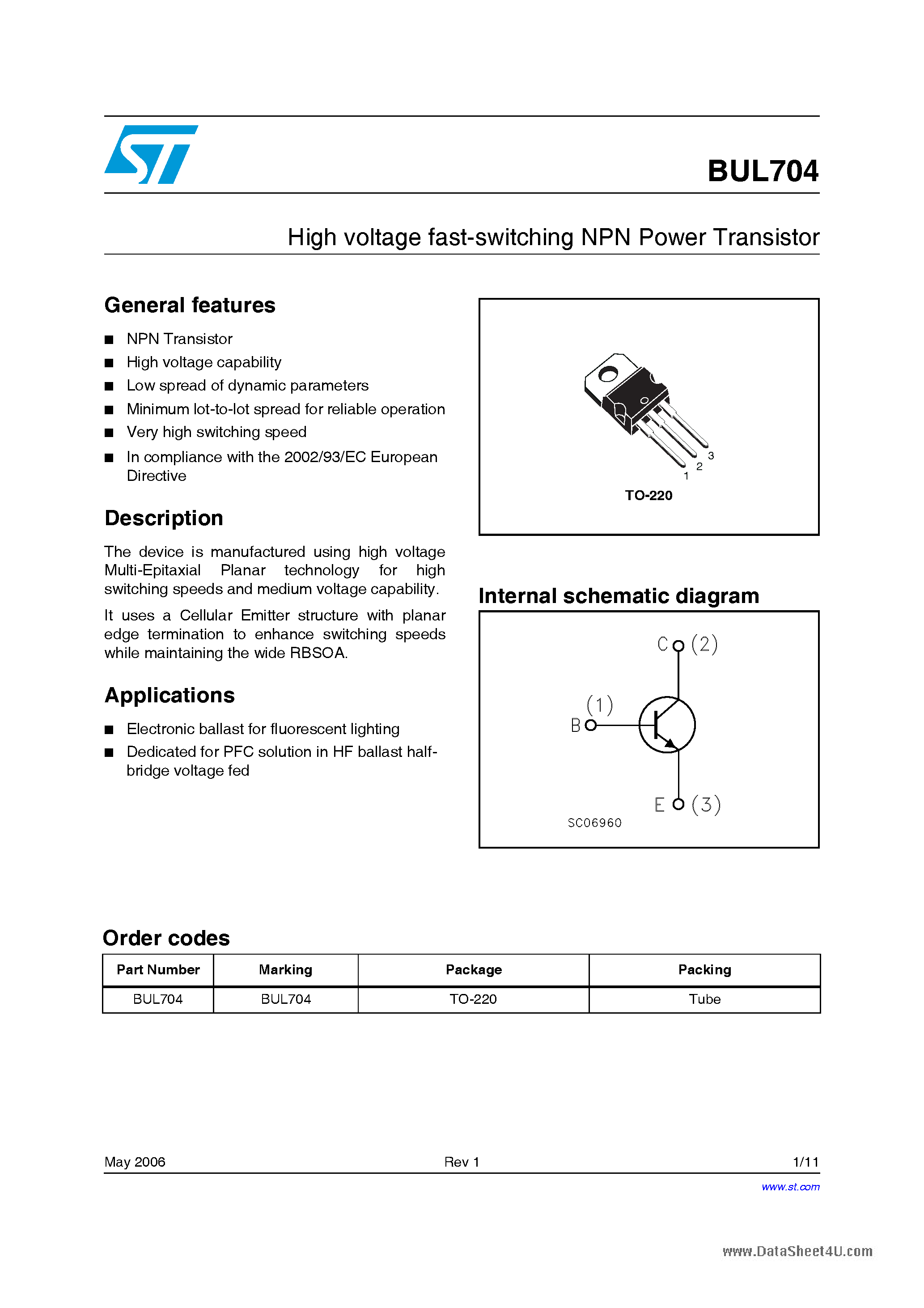 Даташит на микросхему BUL704 страница 1 Даташит BUL704 - High voltage fast-switching NPN Power Transistor страница 1