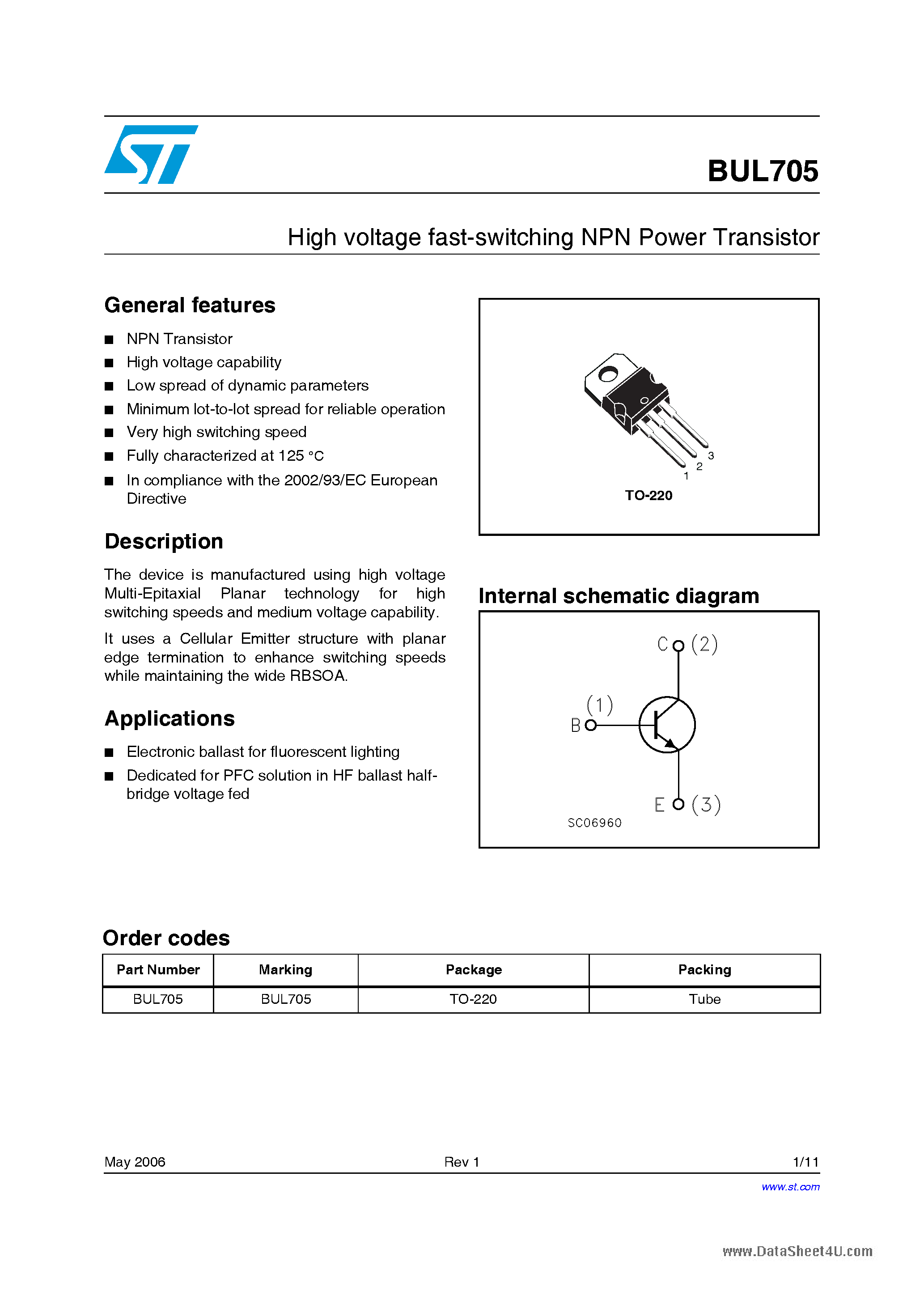Даташит на микросхему BUL705 страница 1 Даташит BUL705 - High voltage fast-switching NPN Power Transistor страница 1
