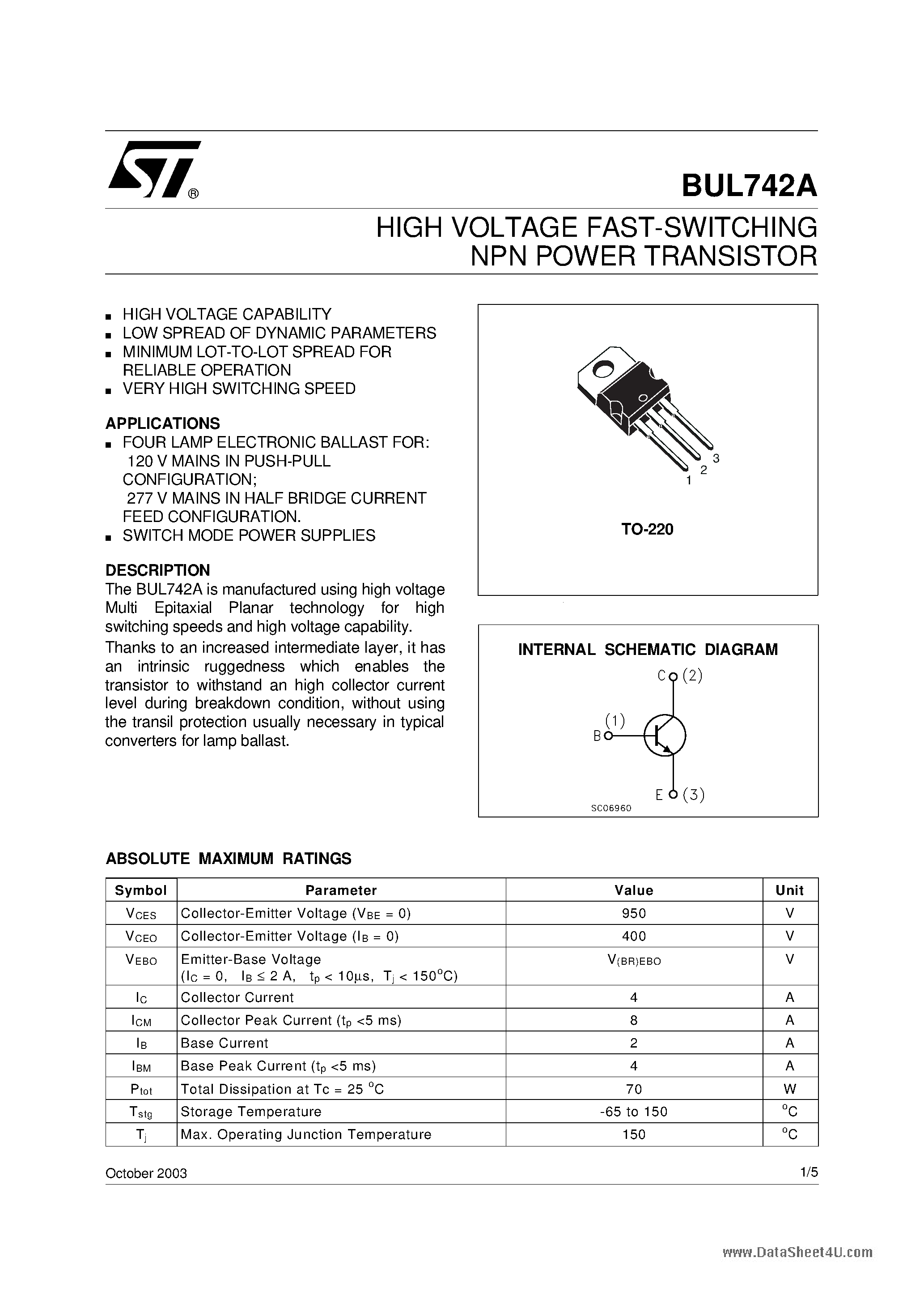 Даташит на микросхему BUL742A страница 1 Даташит BUL742A - HIGH VOLTAGE FAST-SWITCHING NPN POWER TRANSISTOR страница 1