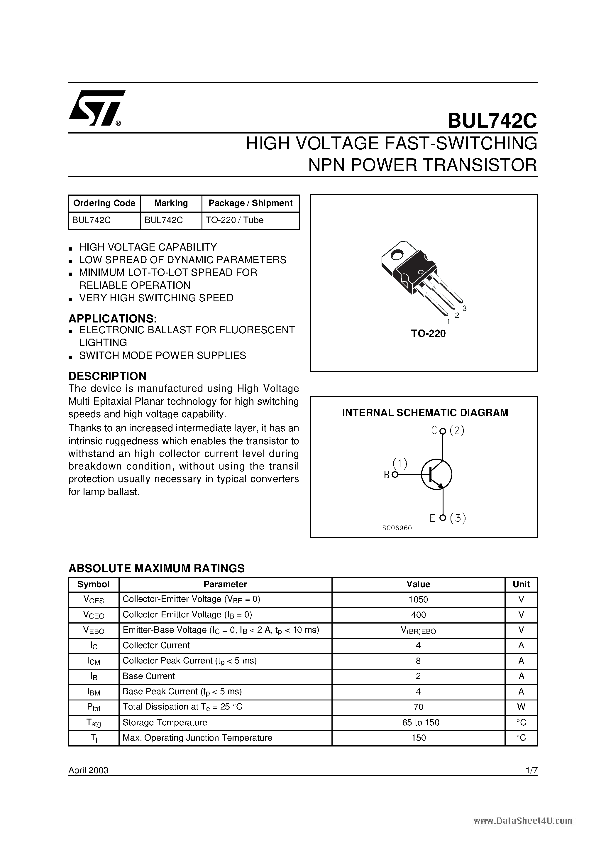 Даташит на микросхему BUL742C страница 1 Даташит BUL742C - HIGH VOLTAGE FAST-SWITCHING NPN POWER TRANSISTOR страница 1