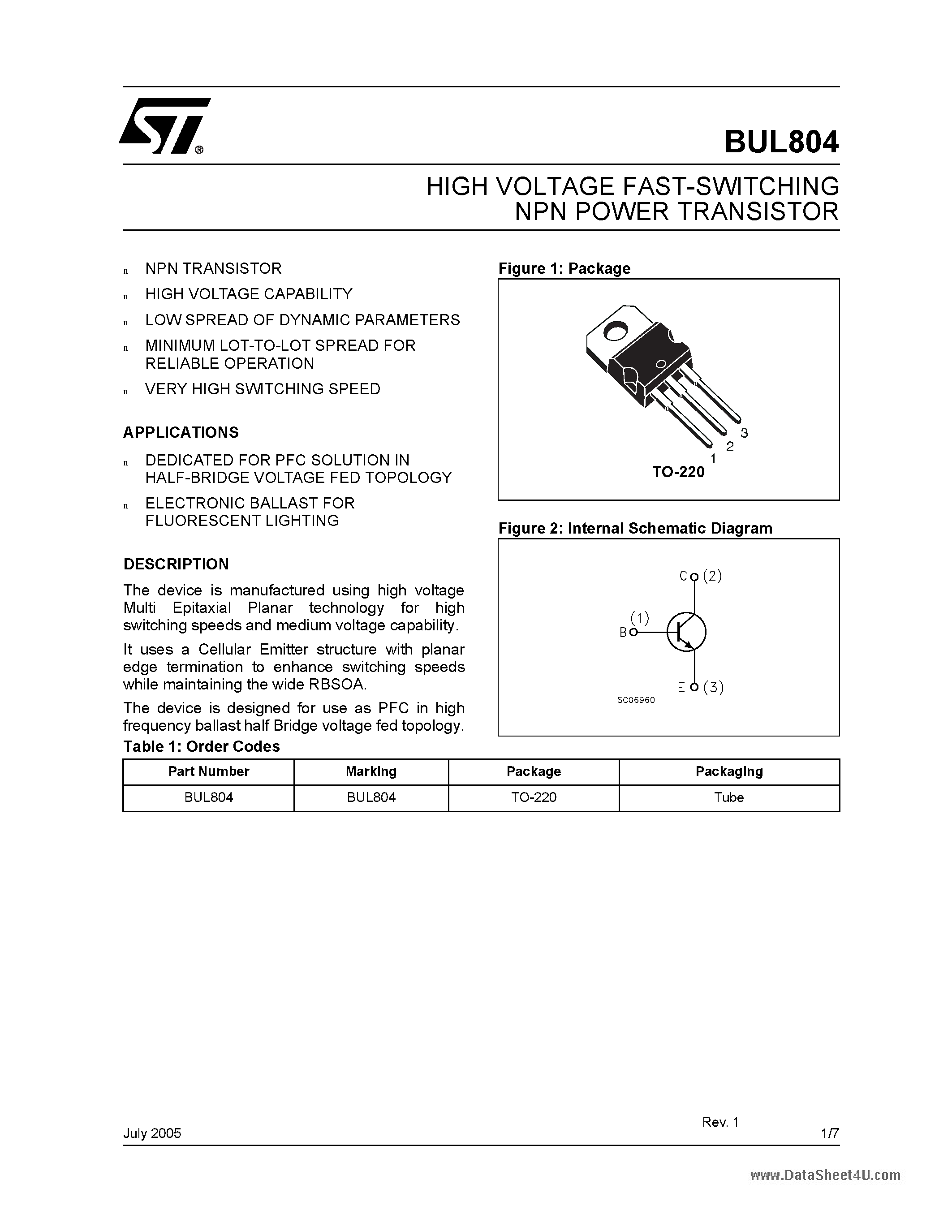 Даташит на микросхему BUL804 страница 1 Даташит BUL804 - HIGH VOLTAGE FAST-SWITCHING NPN POWER TRANSISTOR страница 1