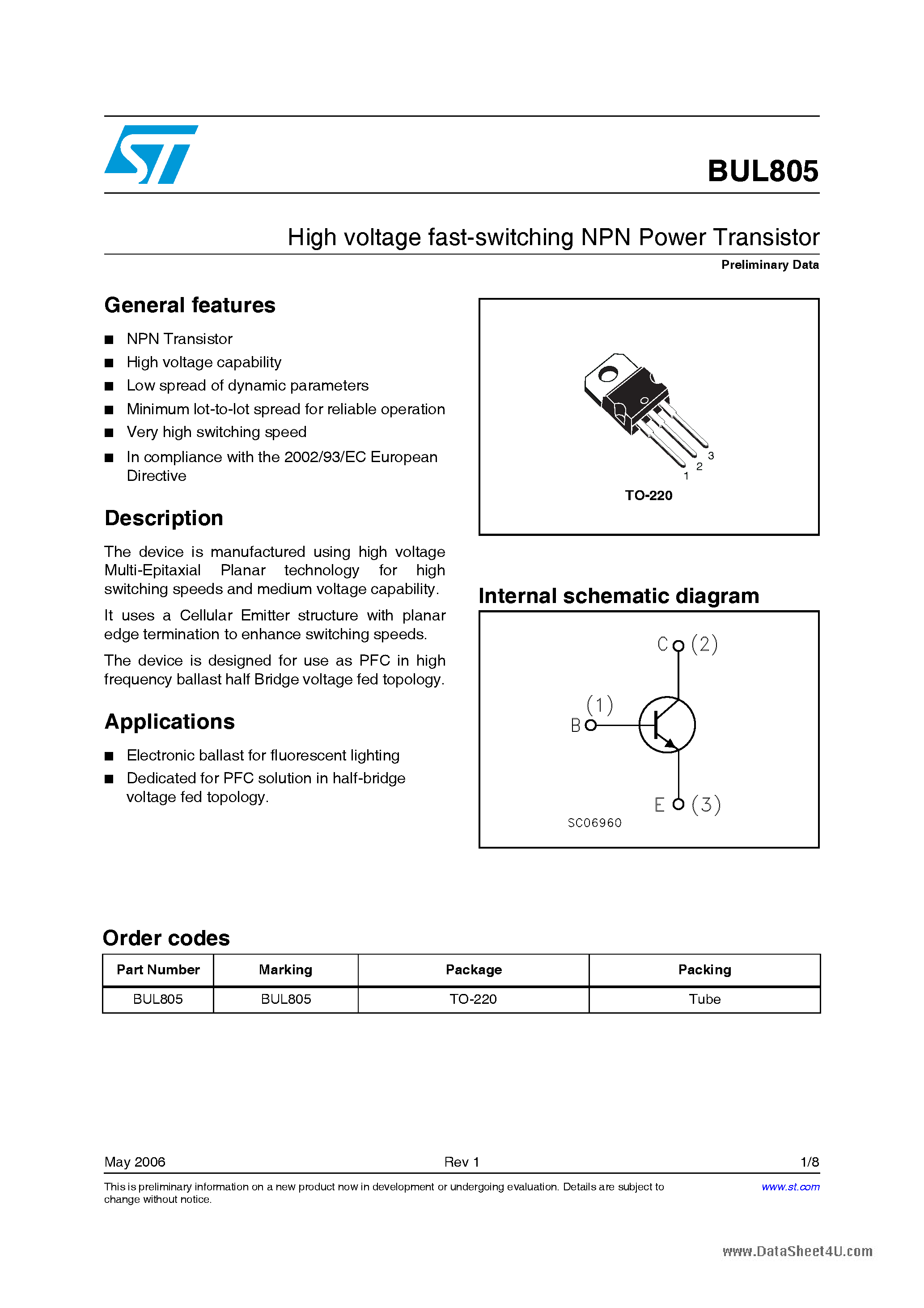 Даташит на микросхему BUL805 страница 1 Даташит BUL805 - HIGH VOLTAGE FAST-SWITCHING NPN POWER TRANSISTOR страница 1