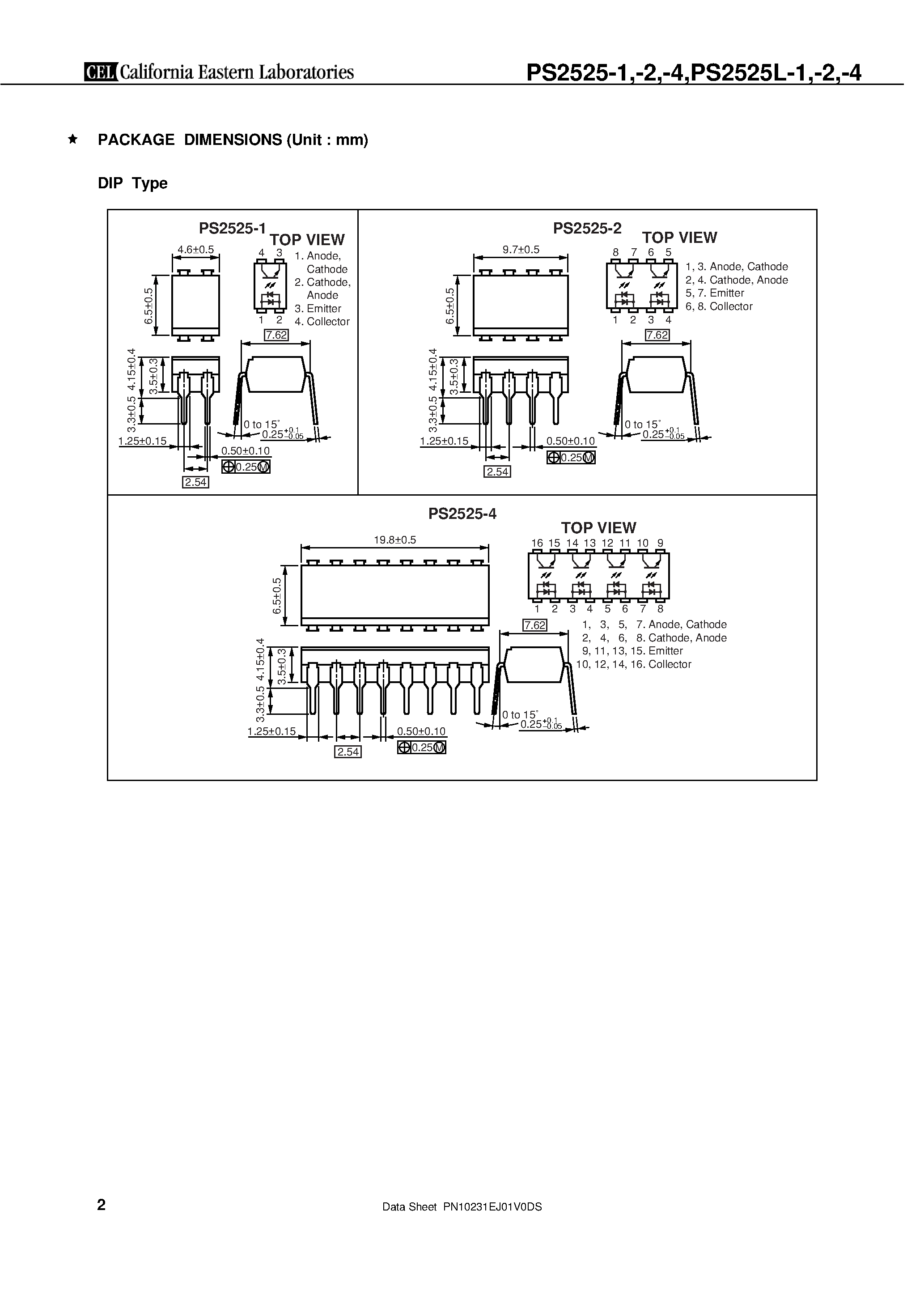 Datasheet PS2525-1 - (PS2525x) LARGE FORWARD INPUT TYPE AC INPUT RESPONSE TYPE MULTI PHOTOCOUPLER SERIES page 2
