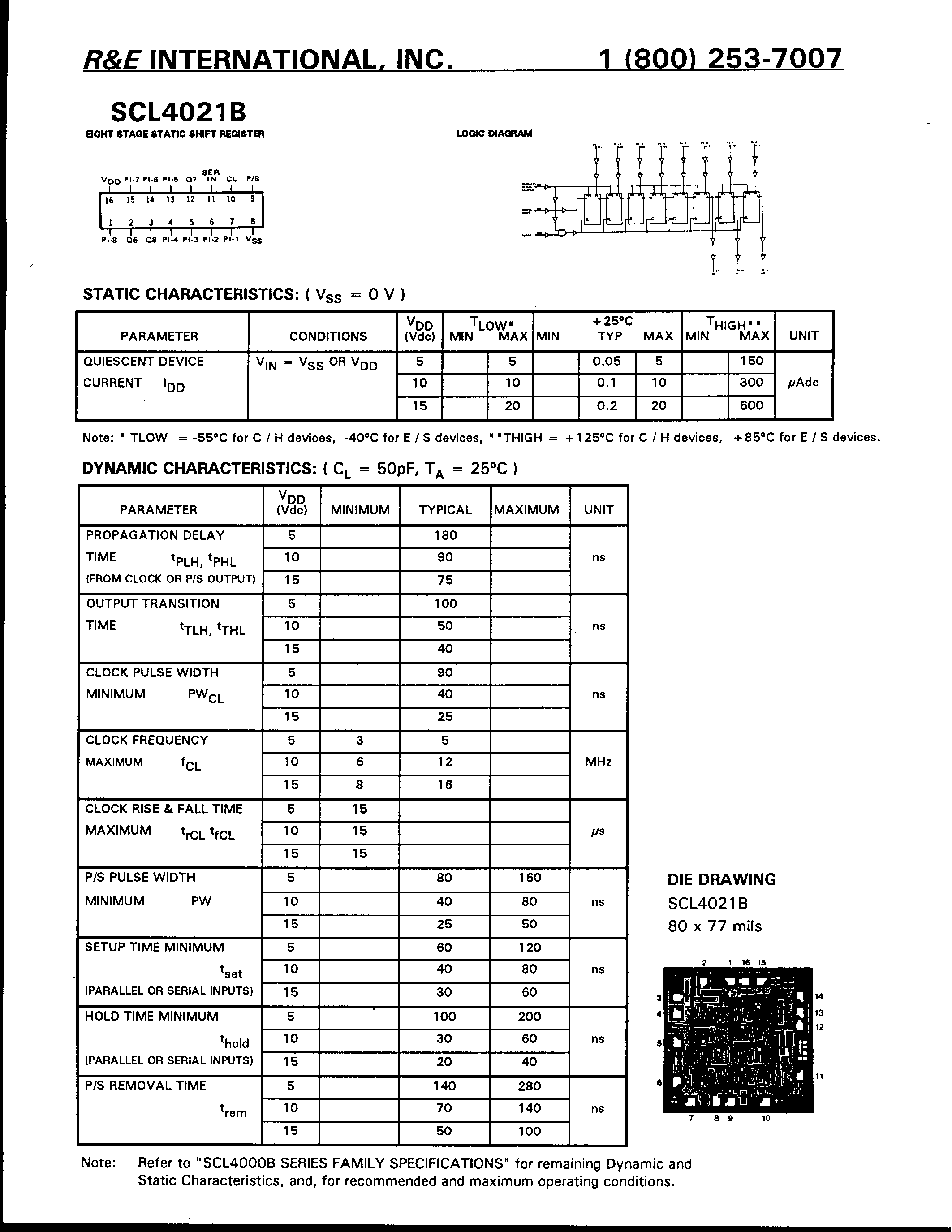 Datasheet SCL4021B page 1 Datasheet SCL4021B - EIGHT STAGE STATIC SHIFT REGISTER page 1