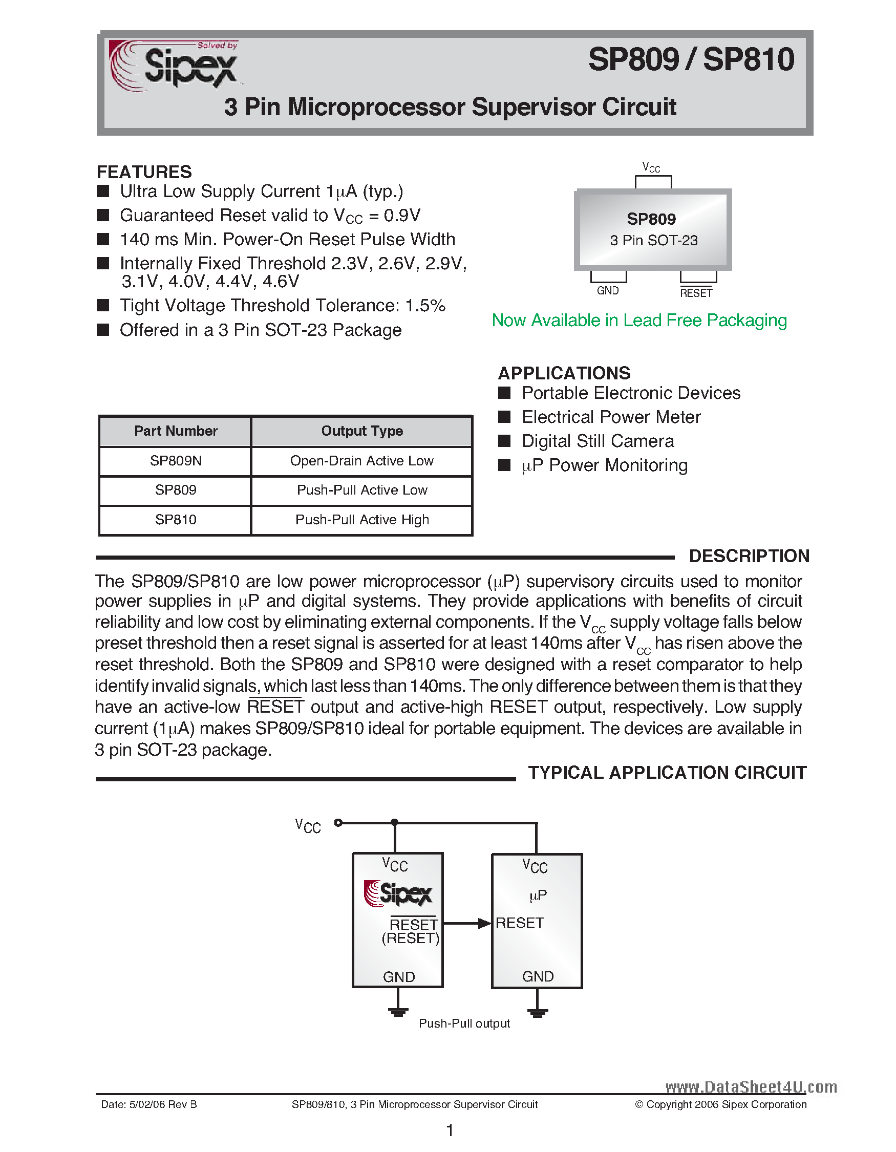Datasheet SP809 - (SP809 / SP810) 3 Pin Microprocessor Supervisor Circuit page 1