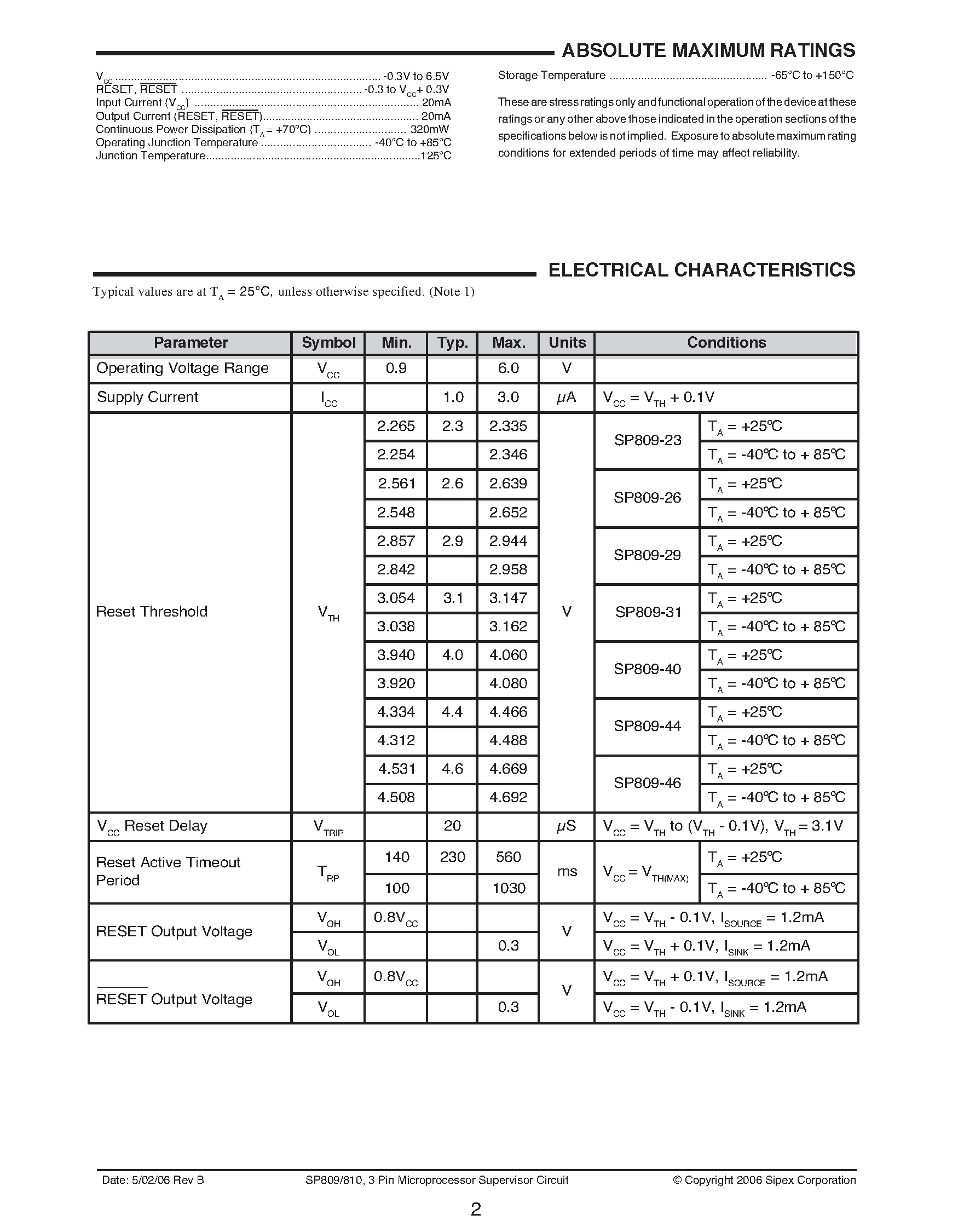 Datasheet SP809 - (SP809 / SP810) 3 Pin Microprocessor Supervisor Circuit page 2