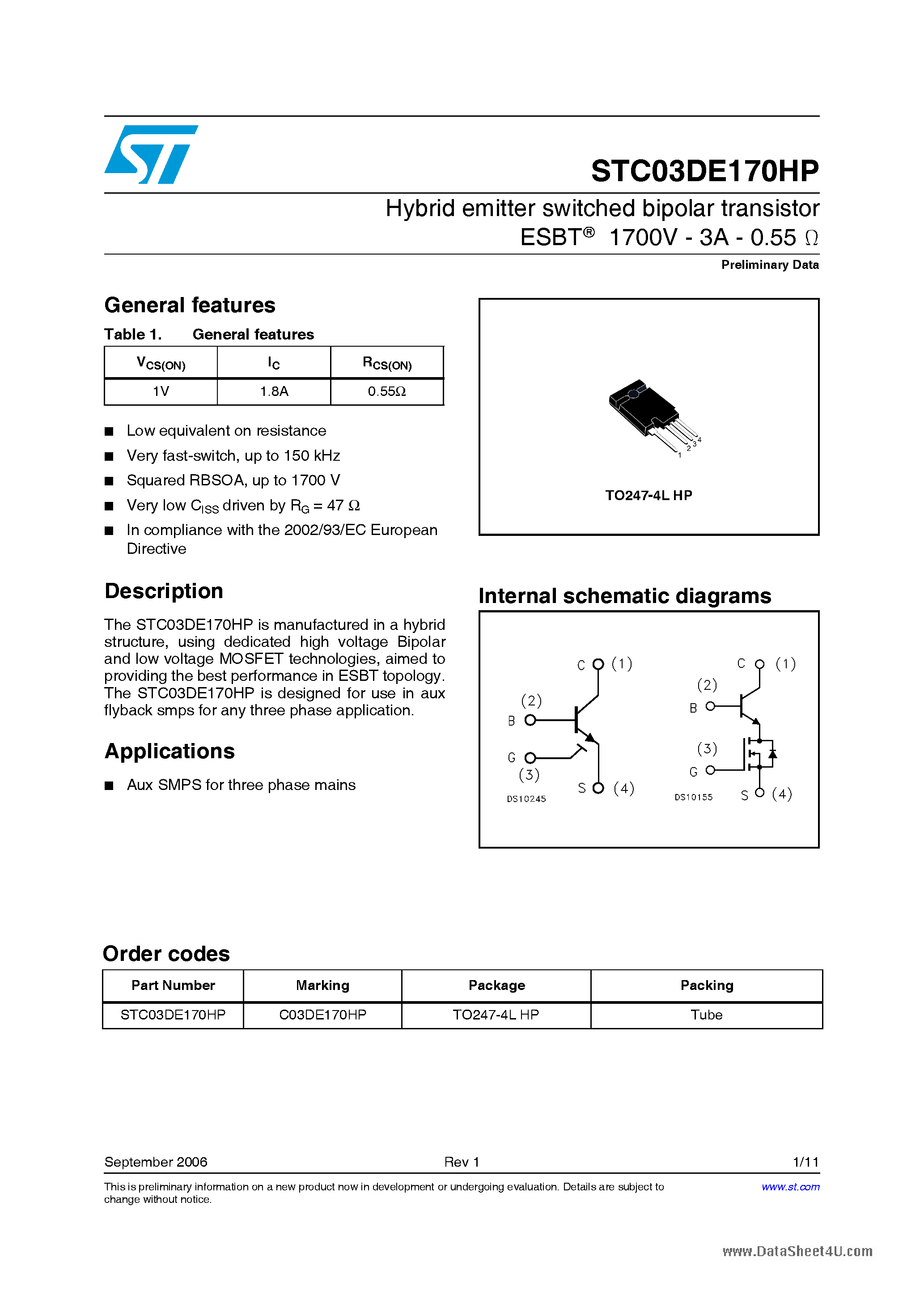 Datasheet STC03DE170HP page 1 Datasheet STC03DE170HP - Hybrid emitter switched bipolar transistor page 1