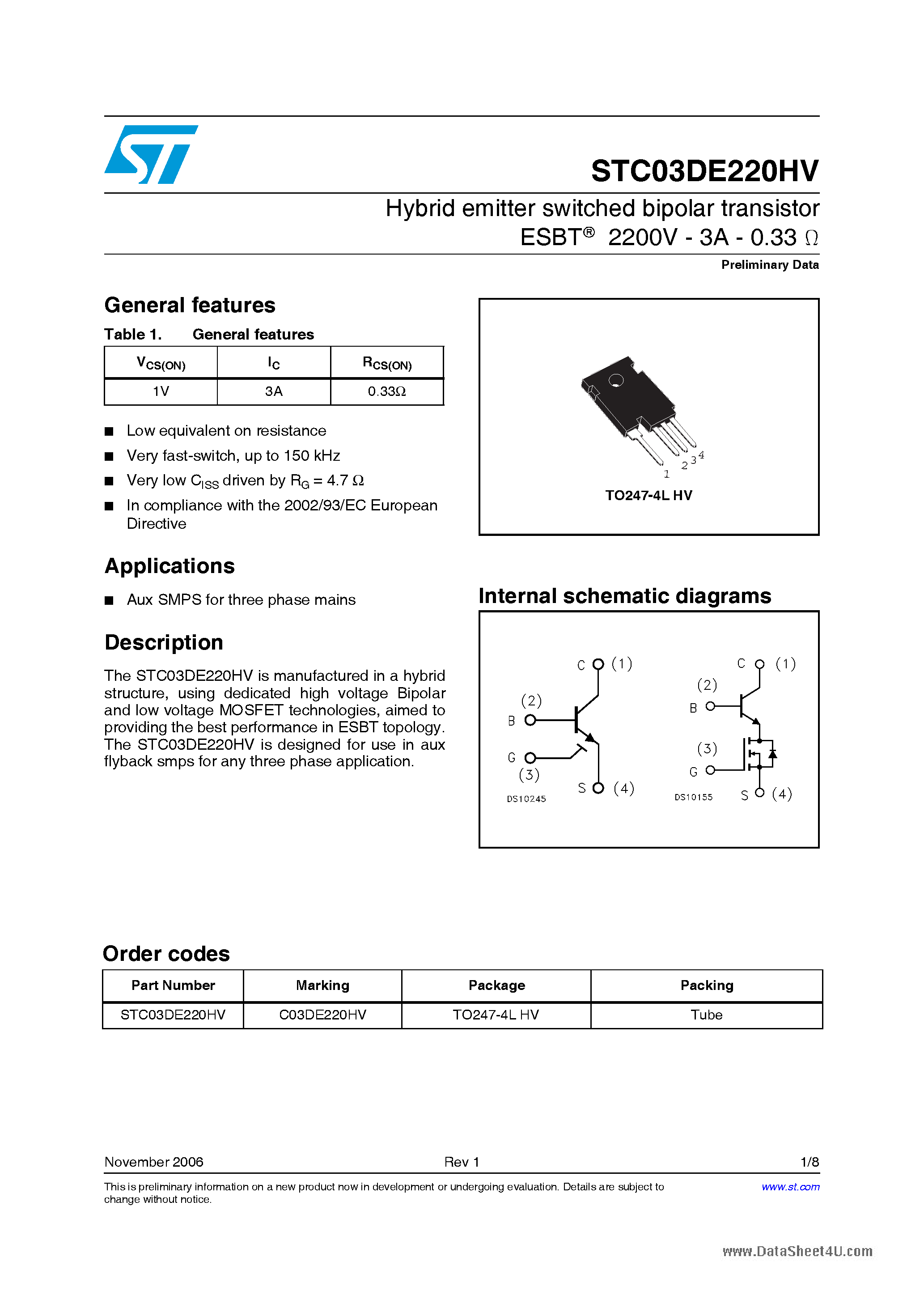 Datasheet STC03DE220HV page 1 Datasheet STC03DE220HV - Hybrid emitter switched bipolar transistor page 1