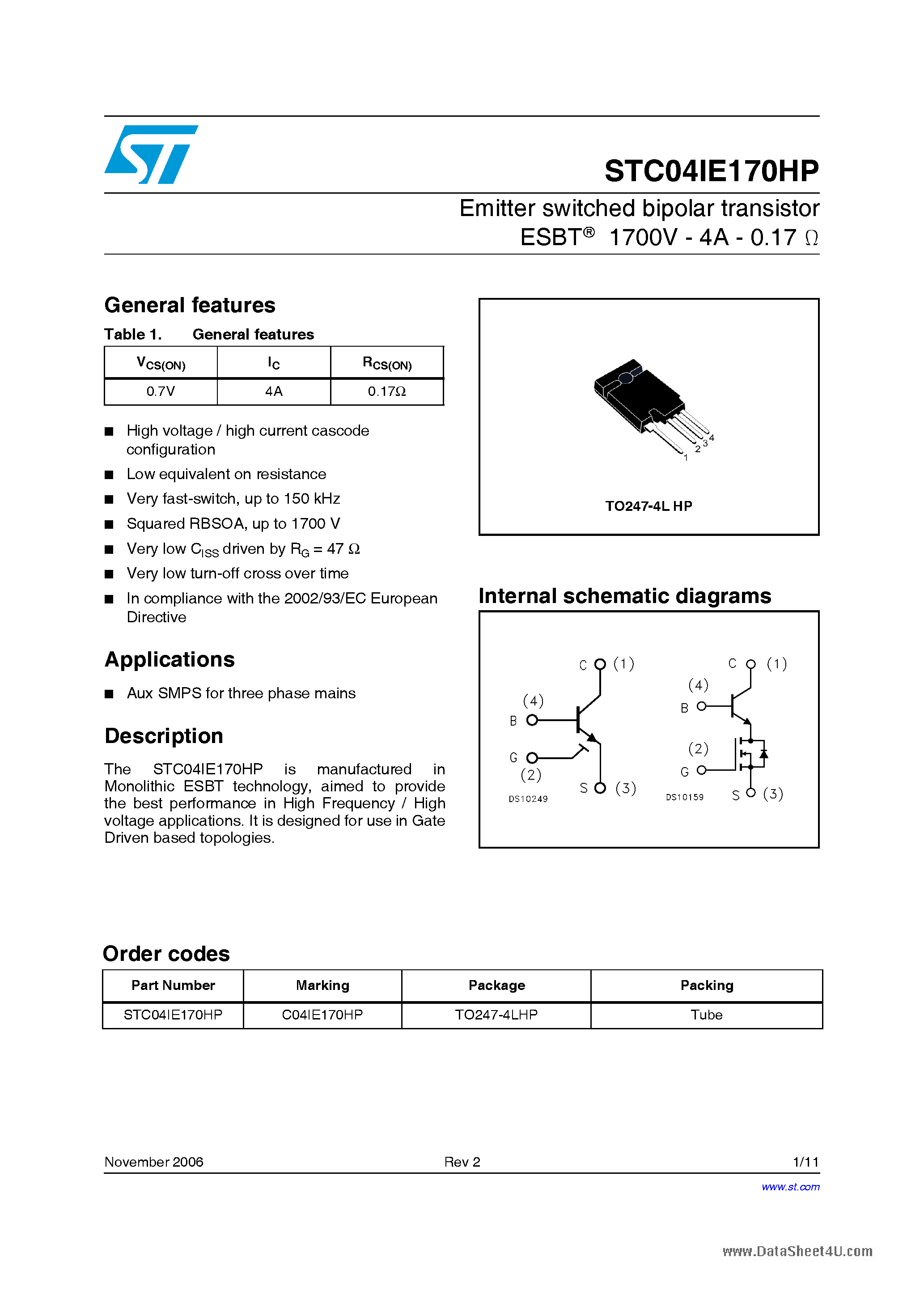 Datasheet STC04IE170HP page 1 Datasheet STC04IE170HP - Emitter switched bipolar transistor page 1