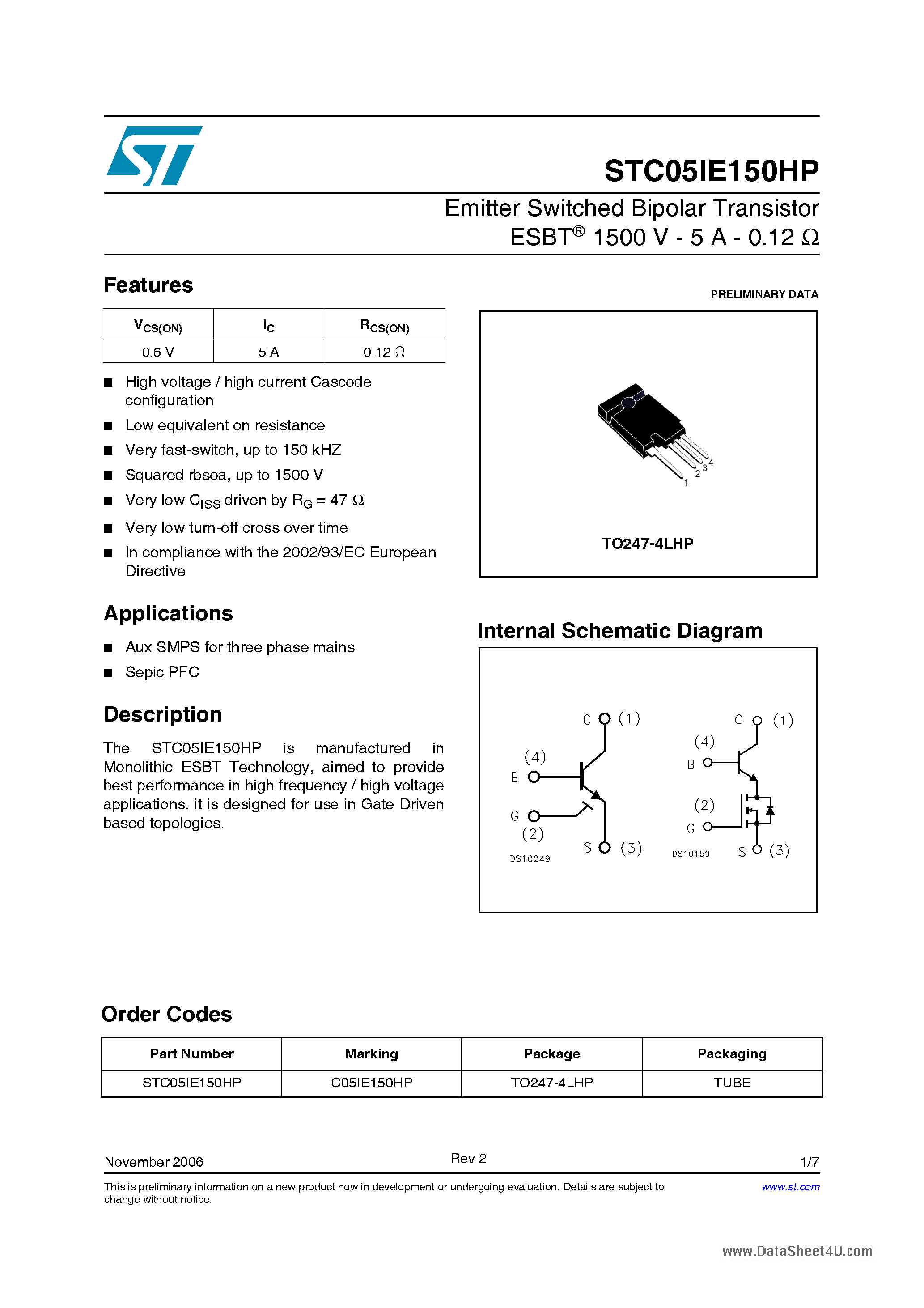 Datasheet STC05IE150HP page 1 Datasheet STC05IE150HP - Emitter Switched Bipolar Transistor page 1