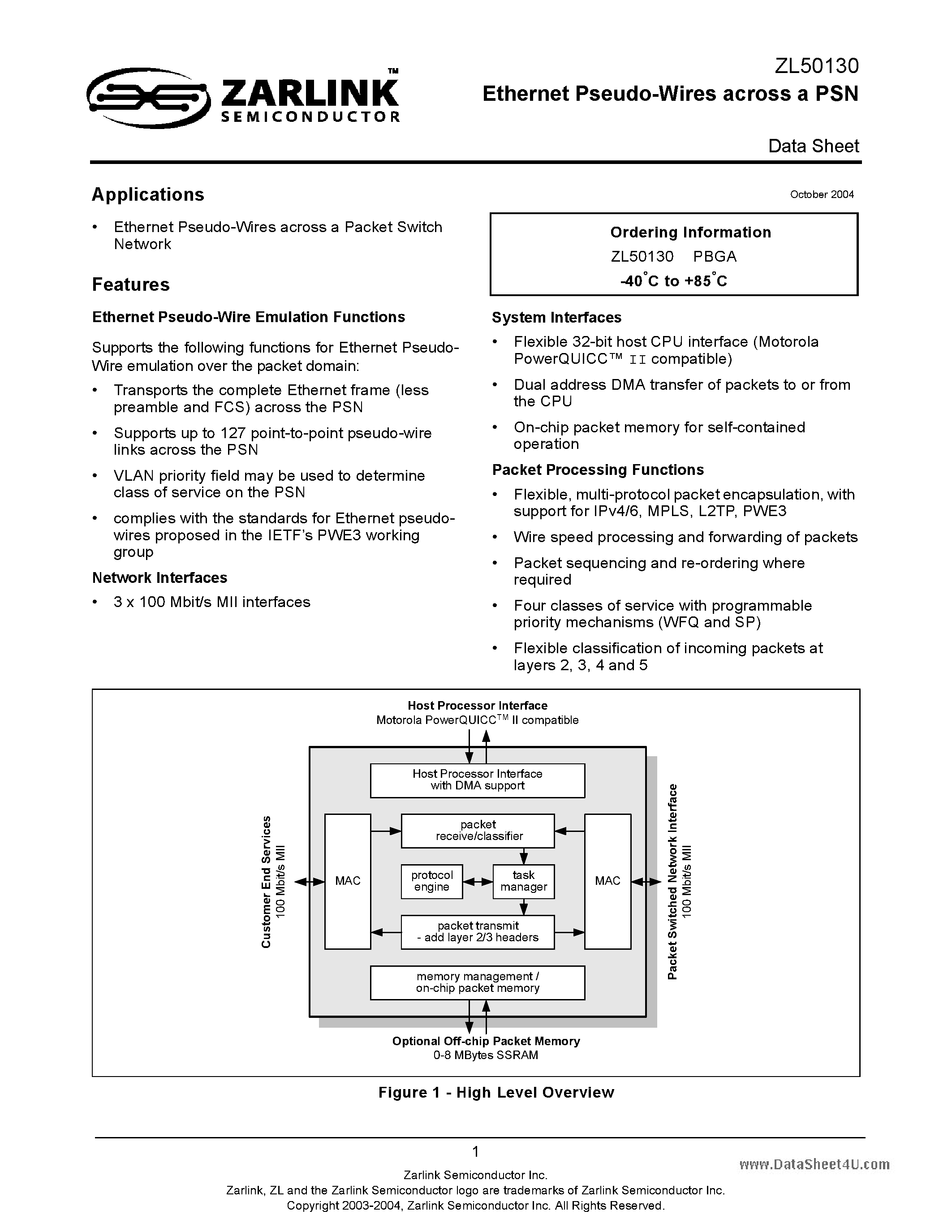 Даташит ZL50130 - Ethernet Pseudo-Wires across a PSN страница 1