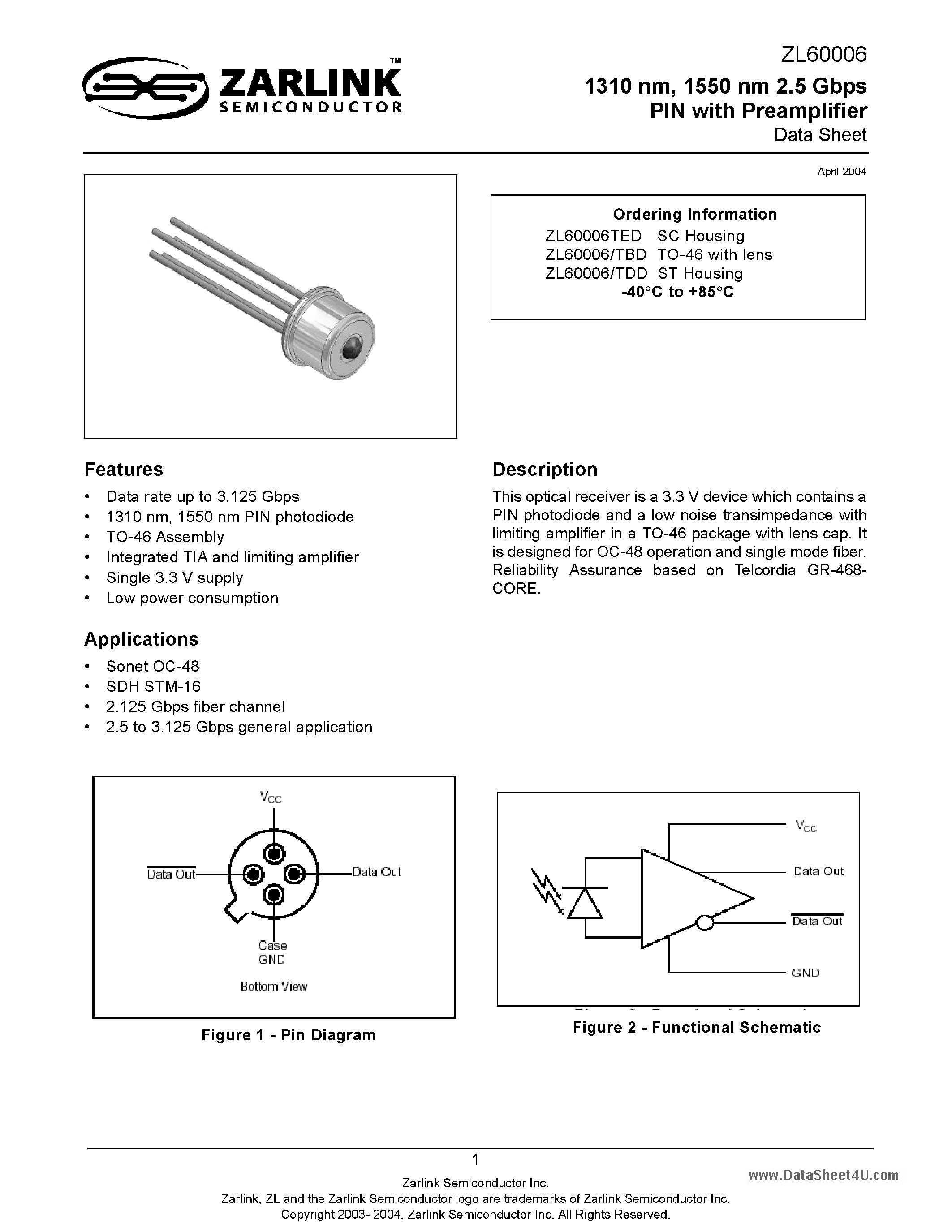 Datasheet ZL60006 - 2.5 Gbps PIN with Preamplifier page 1
