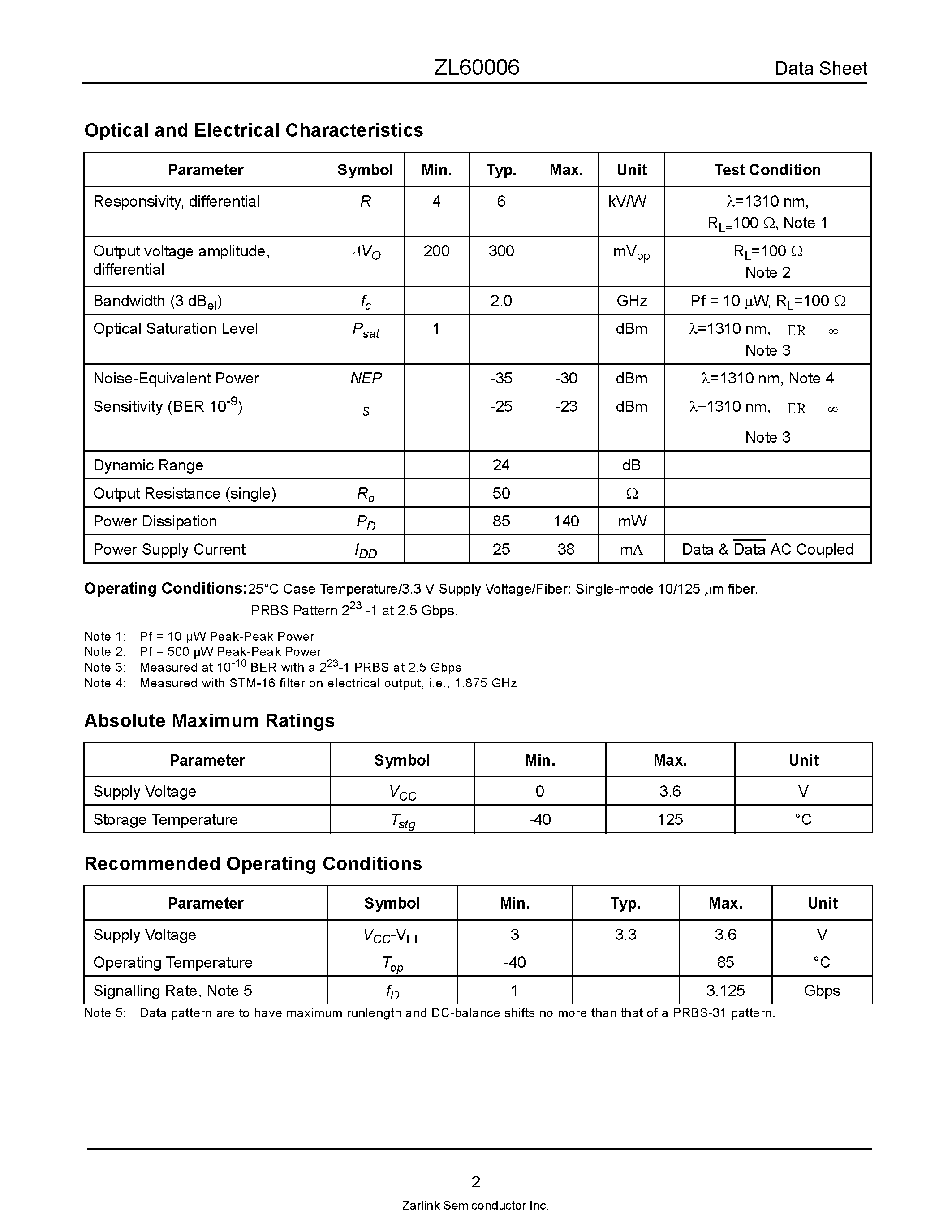 Datasheet ZL60006 - 2.5 Gbps PIN with Preamplifier page 2