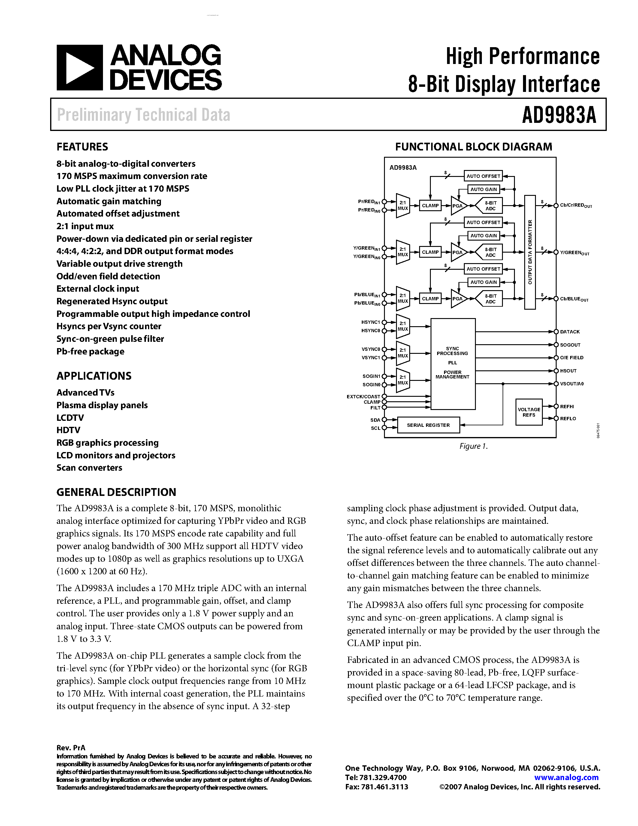 Datasheet AD9983A page 1 Datasheet AD9983A - High Performance 8-Bit Display Interface page 1