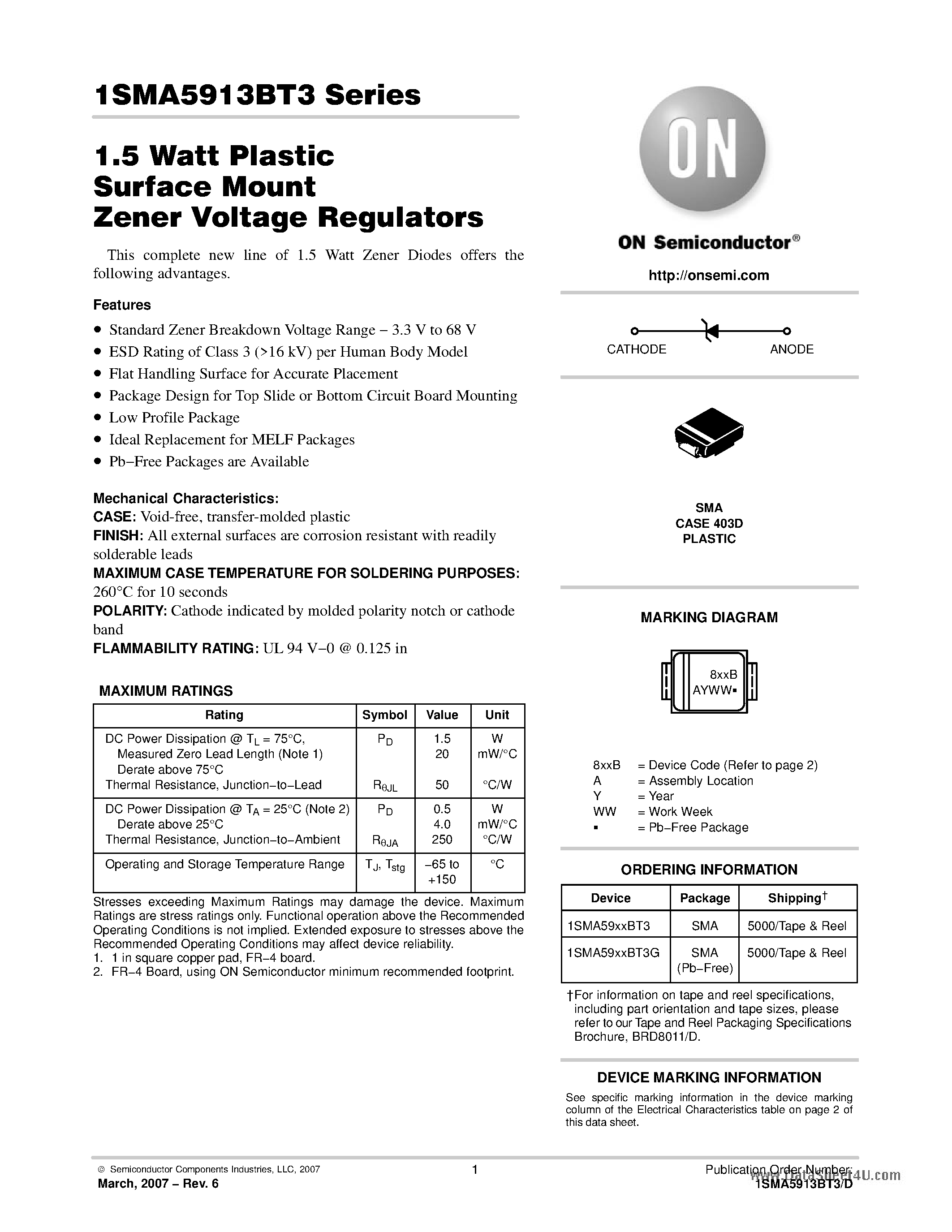 Datasheet 1SMA5913BT3 - (1SMA59xxBT3) 1.5 Watt Plastic Surface Mount Zener Voltage Regulators page 1