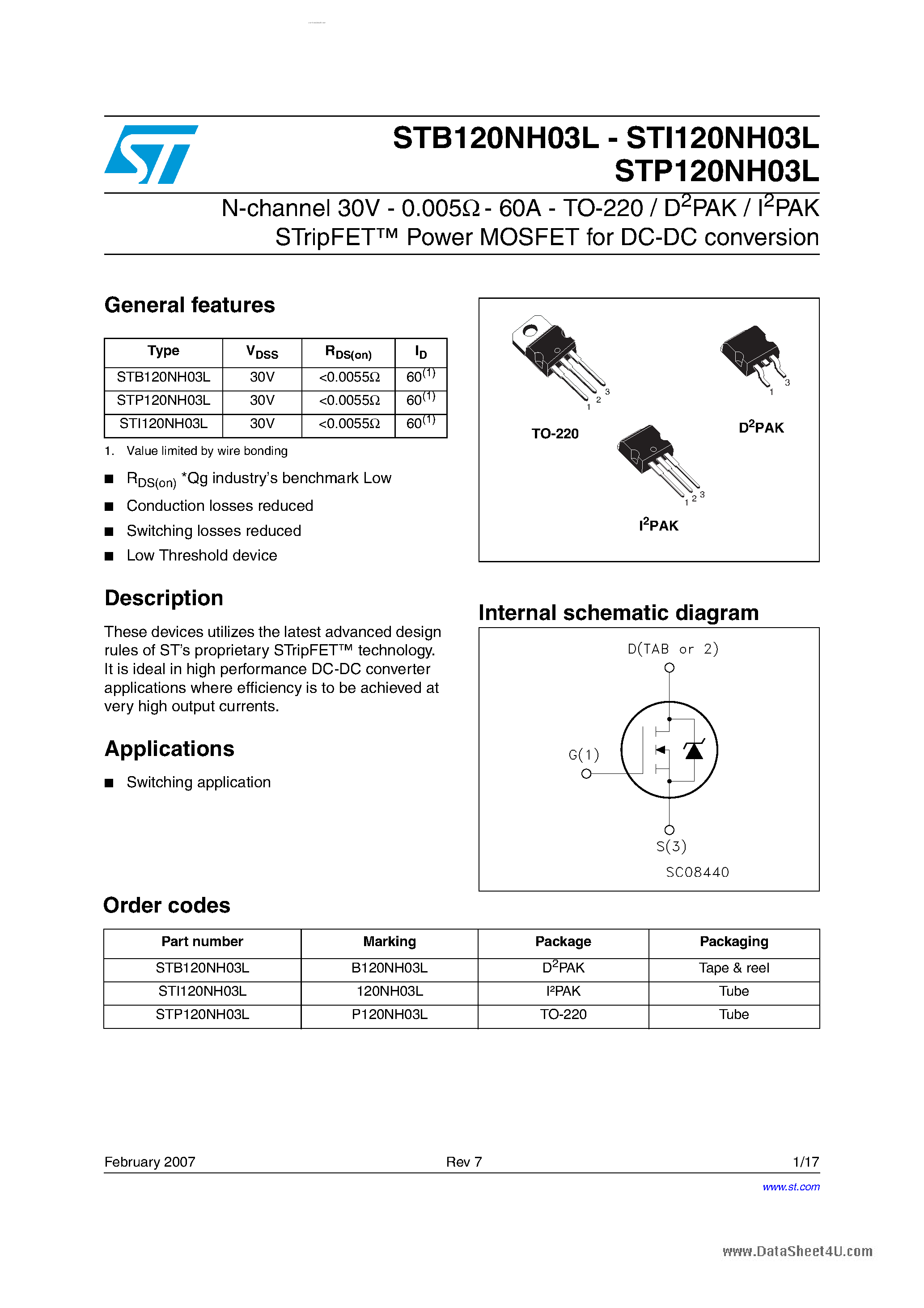 Даташит STP120NH03L - N-CHANNEL POWER MOSFET страница 1