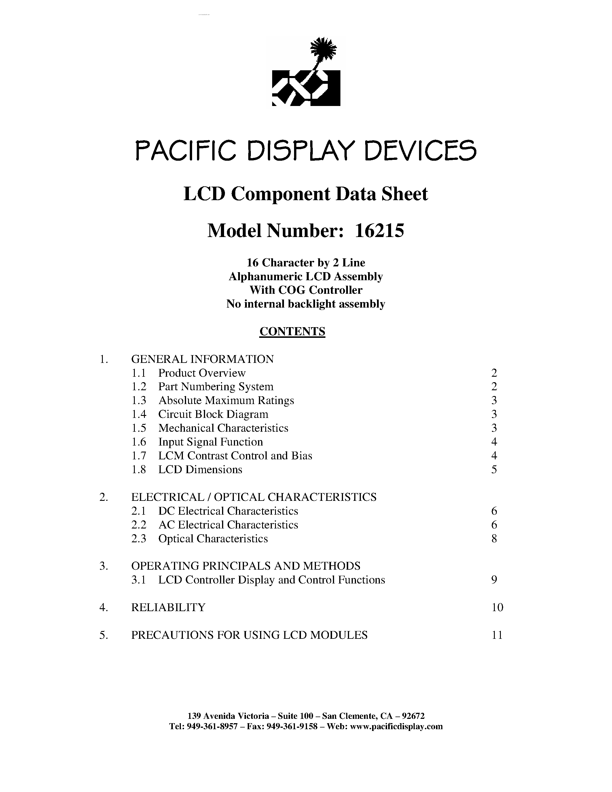 Datasheet 16215 - 16 Character by 2 Line Alphanumeric LCD Assembly page 1