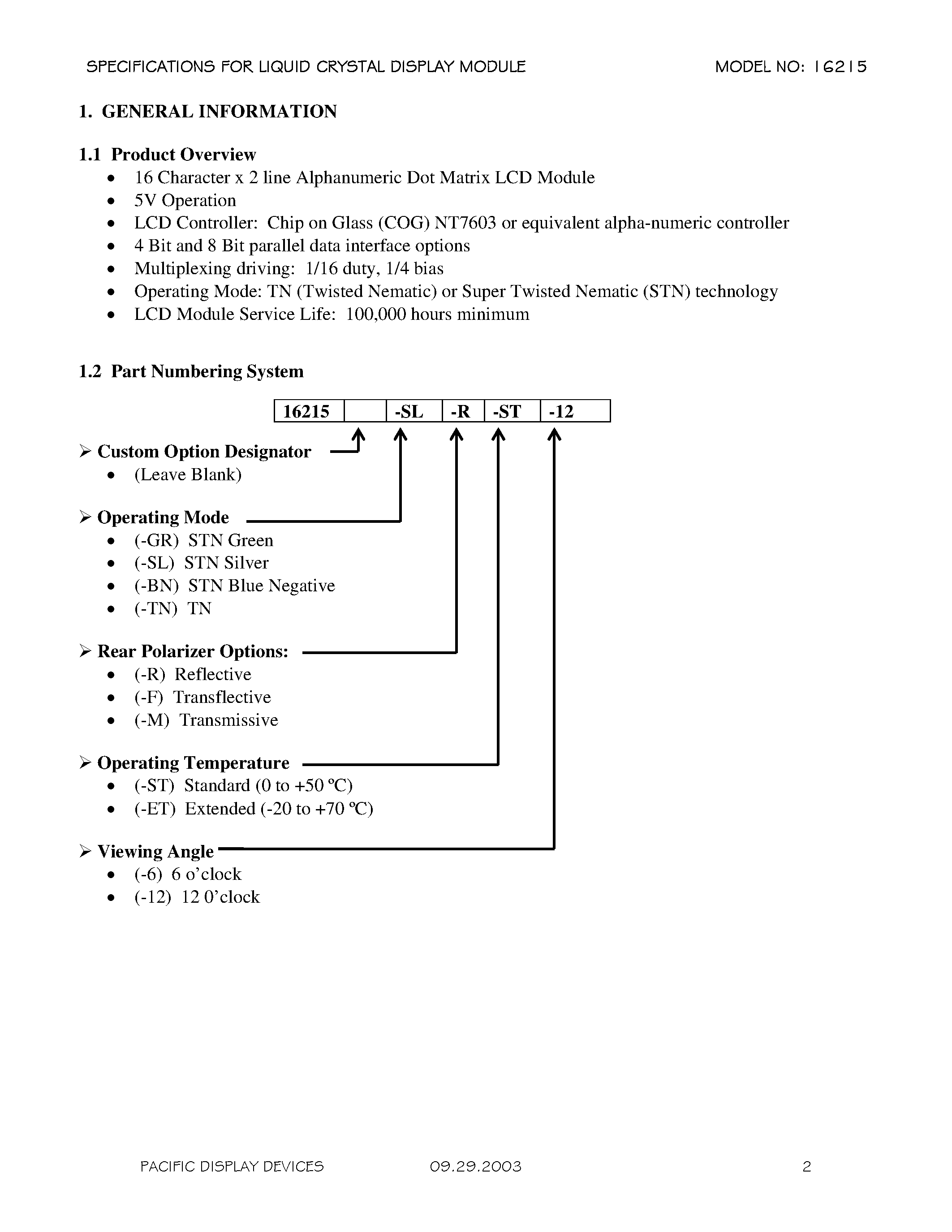 Datasheet 16215 - 16 Character by 2 Line Alphanumeric LCD Assembly page 2